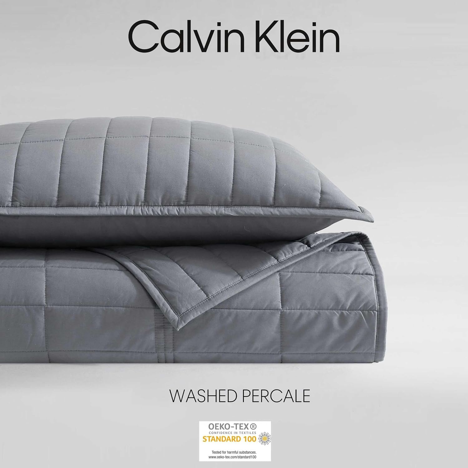 Calvin Klein - Queen Quilt Set, Cotton Percale Weave Bedding with Matching Shams, Crisp & Cool, Oeko-Tex Certified (Washed Percale Graphite Grey)