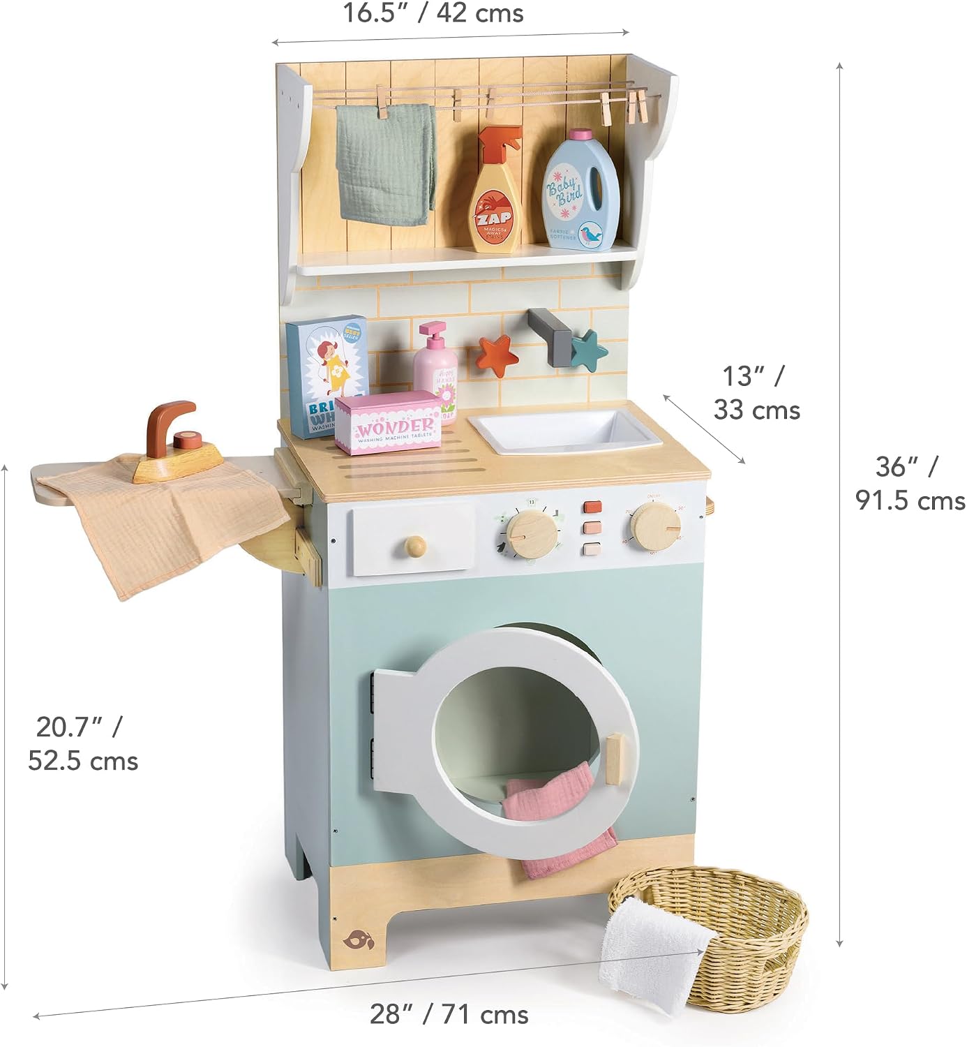 Tender Leaf Toys - Tender Leaf Laundrette - Wooden Laundry Play Set for Kids - Includes Washer/Dryer, Ironing Board, Basket, Pegs, and Accessories - Encourages Imaginative Role-Play - Age 3+
