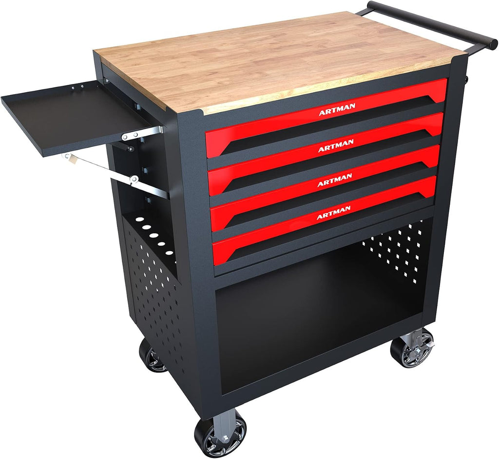 Rolling Tool Cart with 4-Drawer Wood Top Utility Tool Chest on Wheels Mechanic Tool Storage Organizer Cabinet for Garage, Warehouse, Workshop, Repair Shop (Red)