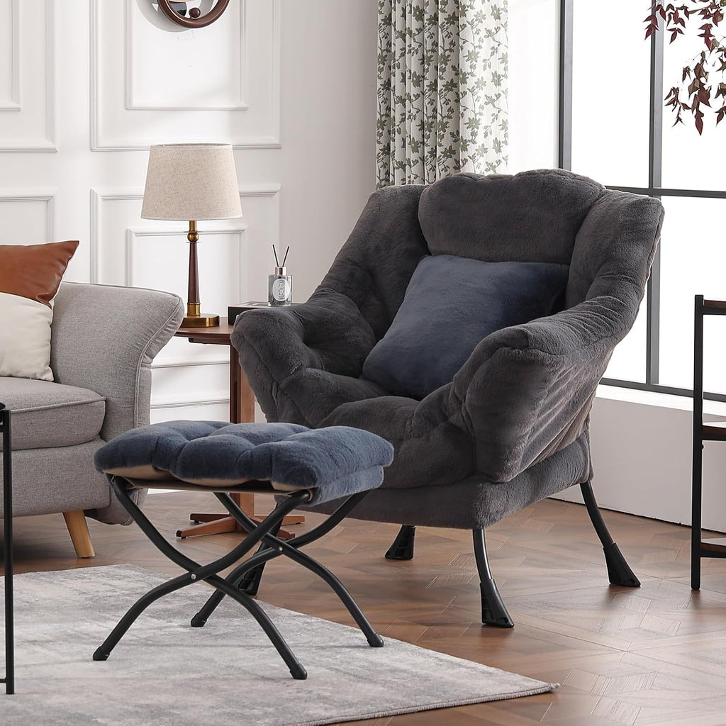 Lazy Chair with Ottoman, Large Blue Gray Accent Chair with Ottoman and FA Throw Pillow, Comfy Plush Reading Chair for Living Room Bedroom Dorm Room Office Apartment Relaxing Use