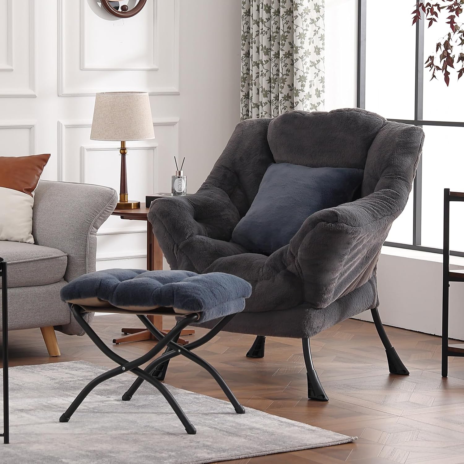 Lazy Chair with Ottoman, Large Blue Gray Accent Chair with Ottoman and FA Throw Pillow, Comfy Plush Reading Chair for Living Room Bedroom Dorm Room Office Apartment Relaxing Use