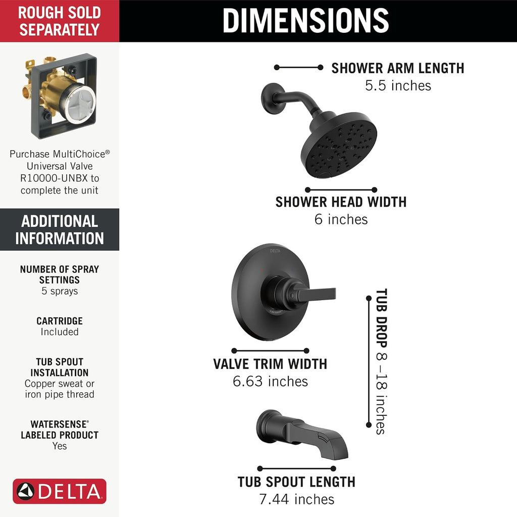 Delta Tetra 14 Series H2Okinetic Bathtub and Shower Faucet Set, Matte Black Shower Head and Handle Set, Valve Trim Kit, Matte Black T14489-BL (Valve Not Included)