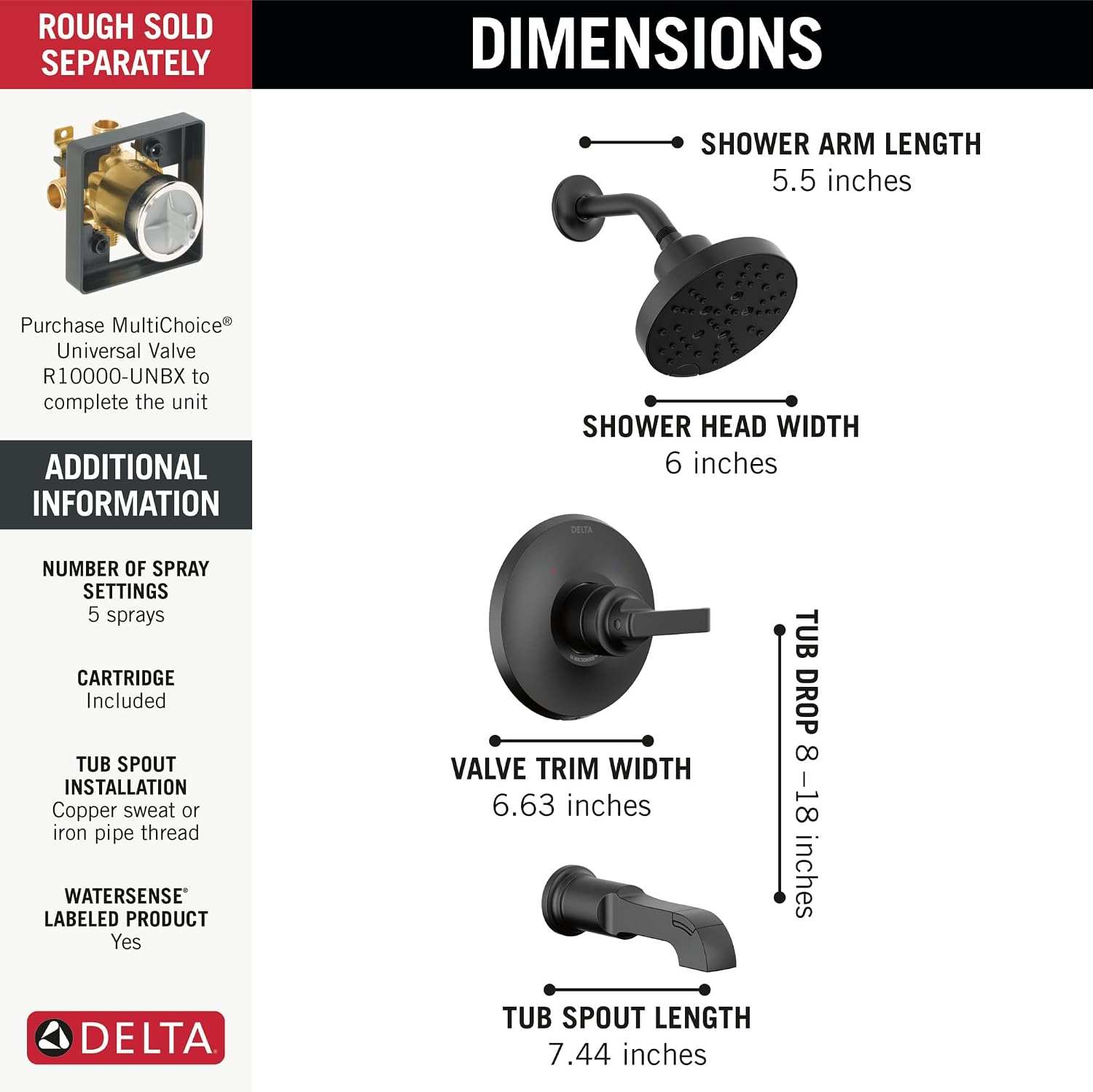 Delta Tetra 14 Series H2Okinetic Bathtub and Shower Faucet Set, Matte Black Shower Head and Handle Set, Valve Trim Kit, Matte Black T14489-BL (Valve Not Included)