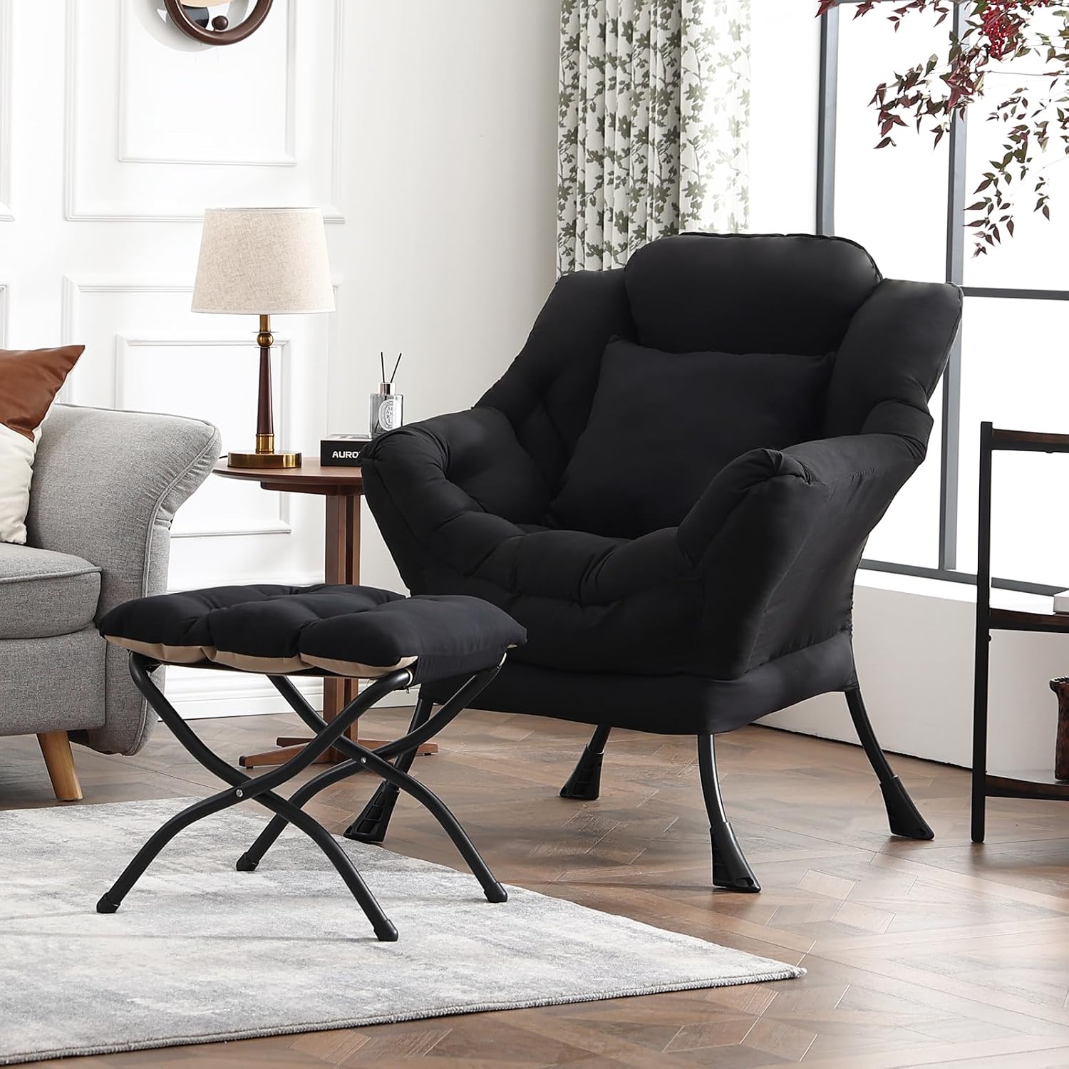 Lazy Chair with Ottoman, Large Accent Chair with Ottoman and a Throw Pillow, Black Reading Chair for Living Room Bedroom Dorm Room Office Apartment Relaxing Use