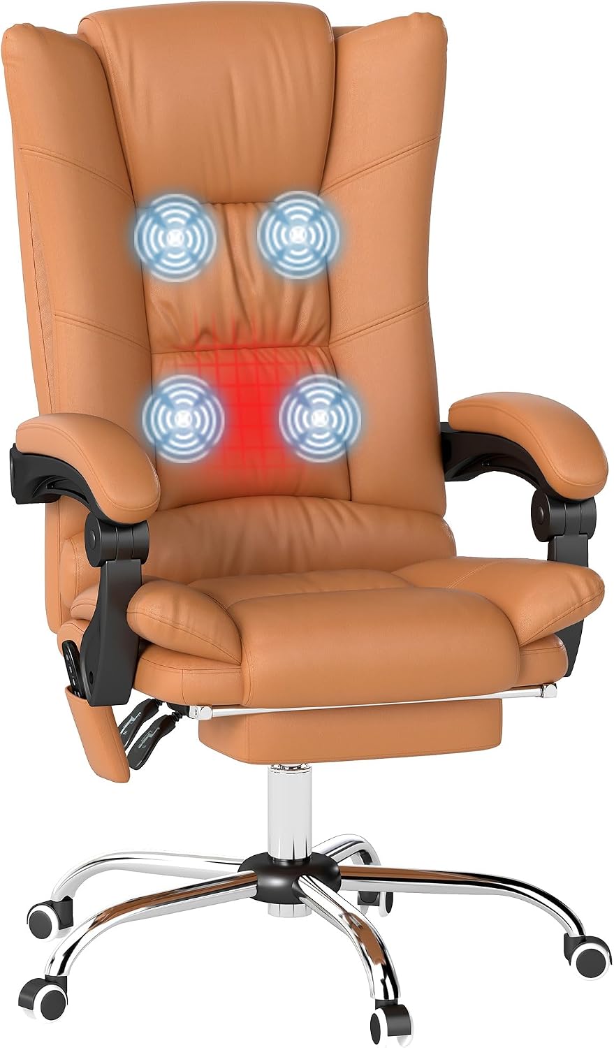 Vinsetto Executive Massage Office Chair with 4 Vibration and Heat, 3 Modes, PU Leather Swivel Chair with Adjustable Height, Reclining Back, and Footrest, Light Brown
