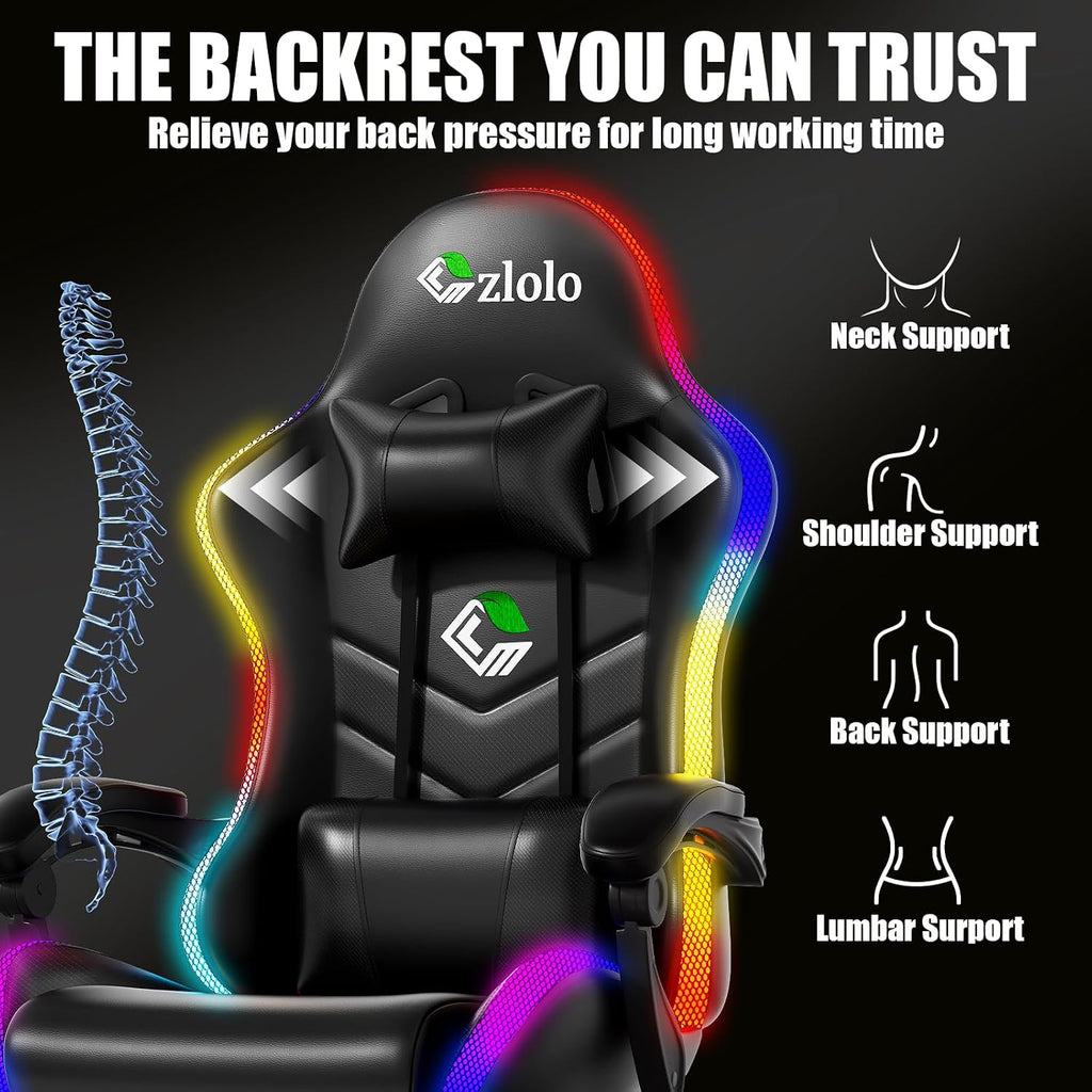Czlolo Gaming Chair, 2026 Upgraded RGB LED Lights Computer Chair with Footrest, Lumbar Support Massager Gamer Chair, High Back, 90-135° Reclining, Linkage Armrests, Black