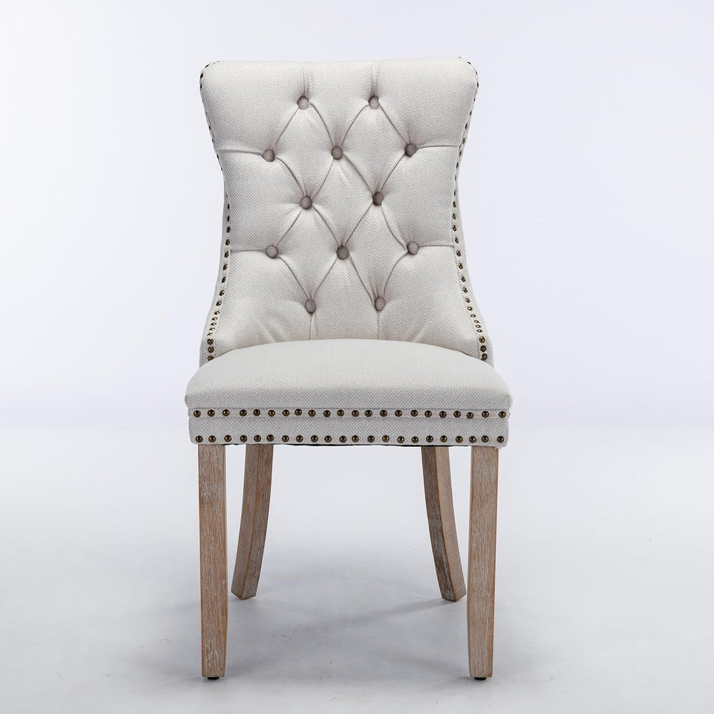 Ball & Cast Contemporary Upholstered Dining Chairs Set of 2, Button Tufted Kitchen Side-Chairs with Hang Ring & Nailhead Trims & Solid Wood Legs, 2-Piece Backrest Traditional Chair, Linen Beige