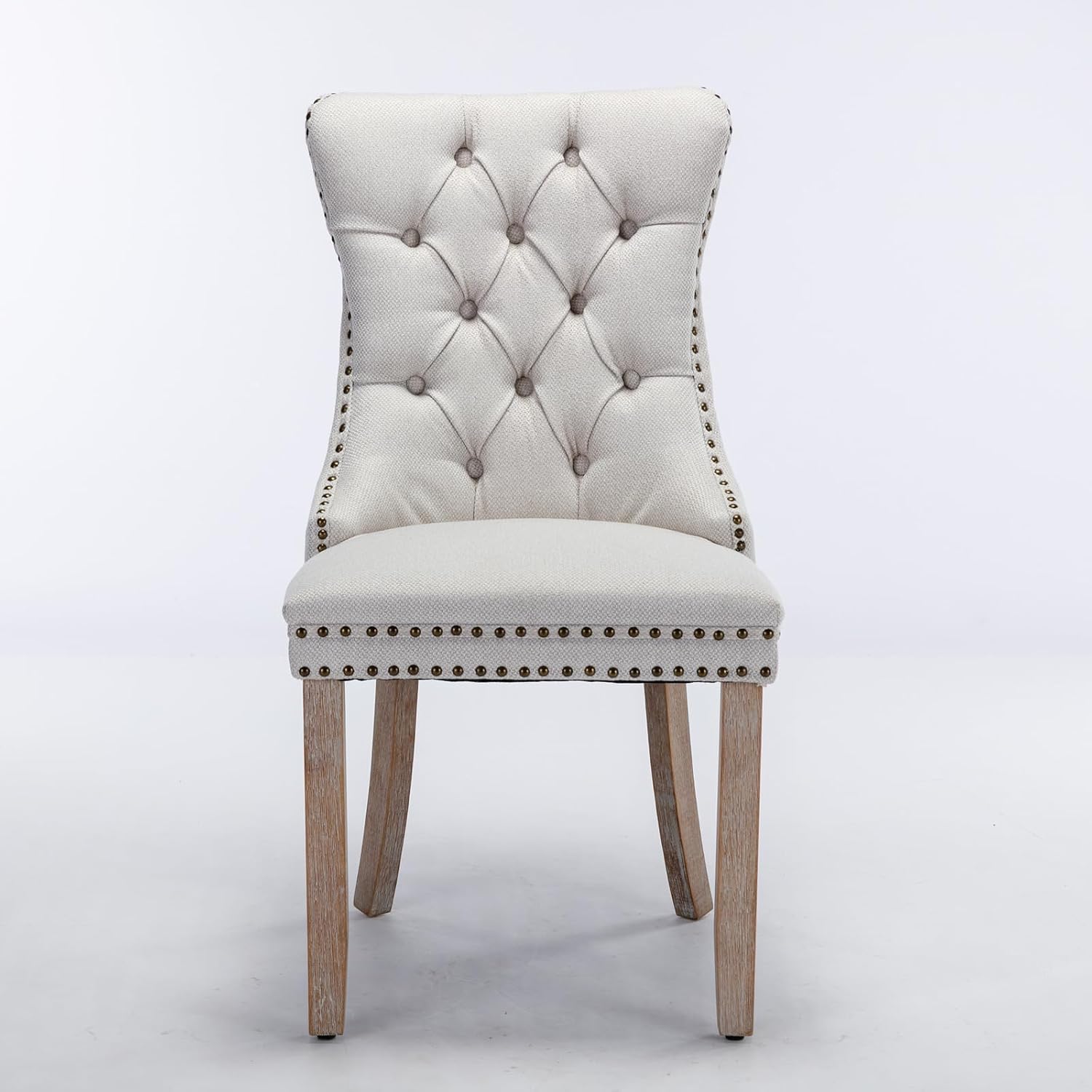 Ball & Cast Contemporary Upholstered Dining Chairs Set of 2, Button Tufted Kitchen Side-Chairs with Hang Ring & Nailhead Trims & Solid Wood Legs, 2-Piece Backrest Traditional Chair, Linen Beige
