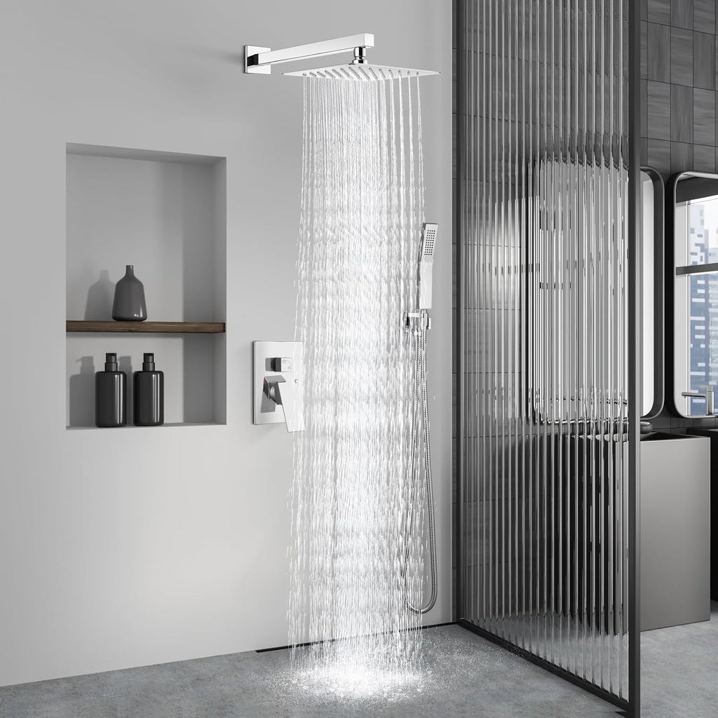 Aolemi Shower Faucet Set Rain Shower System with Handheld Spray Bathroom Shower Combo Rough-in Valve and Shower Trim Kit Included Polish Chrome 8 Inch Wall Mount Shower Head