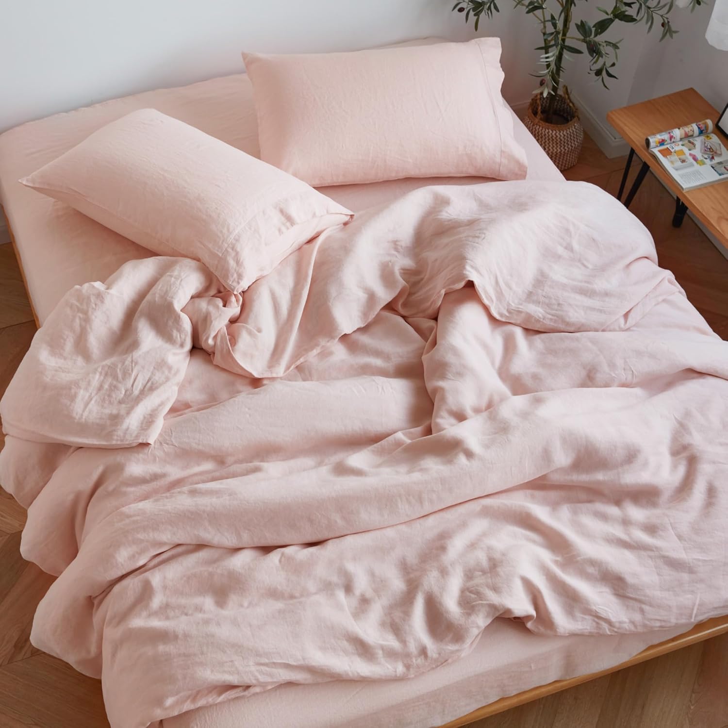 Sijo Stone Washed Organic French Linen Bed Sheet Set, GOTS Certified Organic, Best Cooling Linen Sheet Award by Sleep Foundation, 4 Piece - 2 Pillowcases, 1 Fitted and 1 Flat (Blush, Queen)