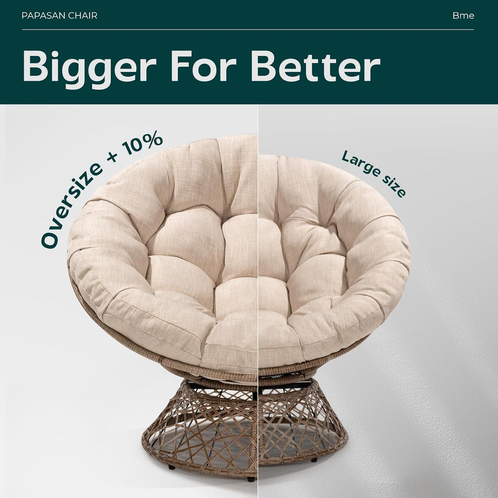 Bme 46' Large Size Ergonomic Wicker Papasan Chair with Soft Thick Density Fabric Cushion, Bee-Designed Base, High Capacity Steel Frame, 360 Degree Swivel for Living, Bedroom,...