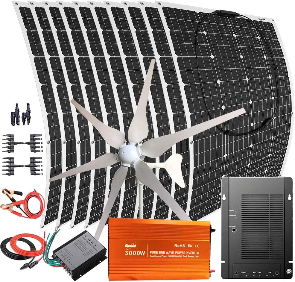1600W Wind Solar System Kit with 3000W Inverter/10pcs 120W Solar Panel/400W Wind Turbine Generator/Wind & Solar Controller,12V Battery Charger for Home Lighting Garden Marine (for 12V System)