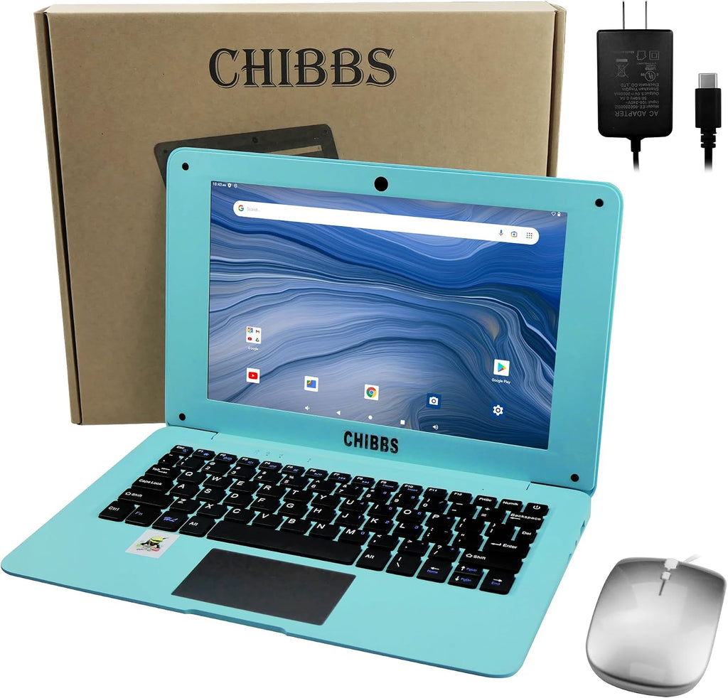 CHIBBS Laptop Computer- 10.1' Inch Kids Laptop Computer Powered by Android 12.0 -Quad Core Processor- 2+64gb ROM-Camera- Bluetooth- 2*USB- WiFi- Blue