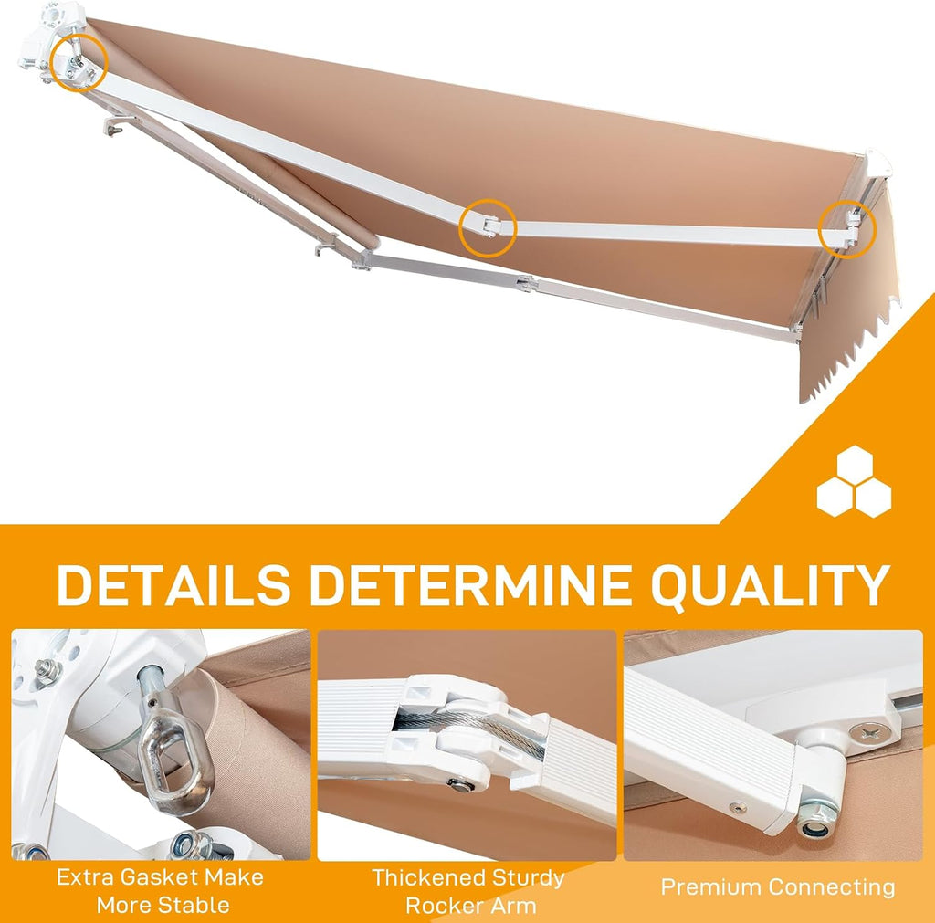 VINGLI 12' x 10 ' Retractable Awning for Patio Awning Door Awning with Manual Crank Handle, Aluminum Frame Door Canopy UV Resistant (Beige)