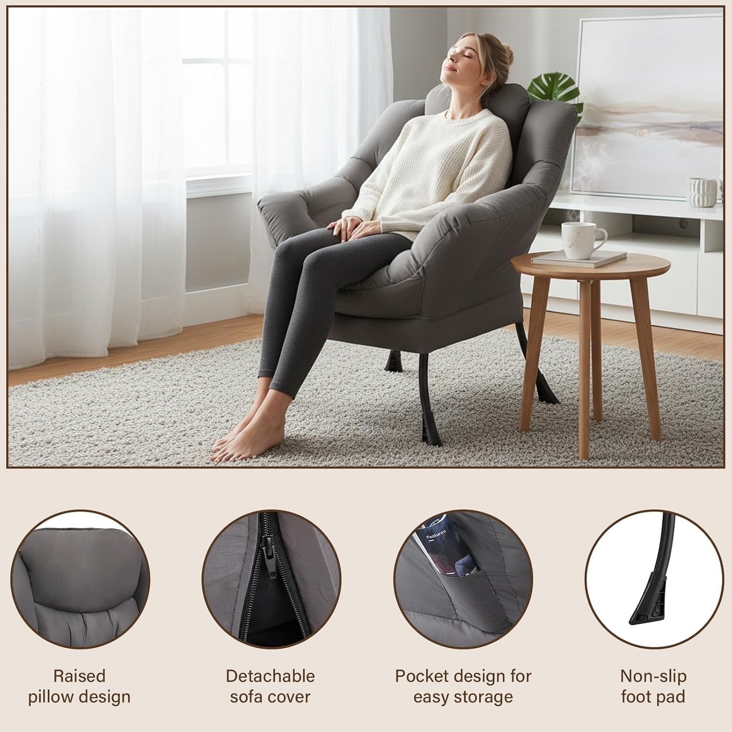 Welnow Dark Grey Single Lazy Chair for Living Room, Modern Reading Accent Chair with Armrests and a Side Pocket, Leisure Lazy Sofa Chair for Small Space, Bedroom, Dorm
