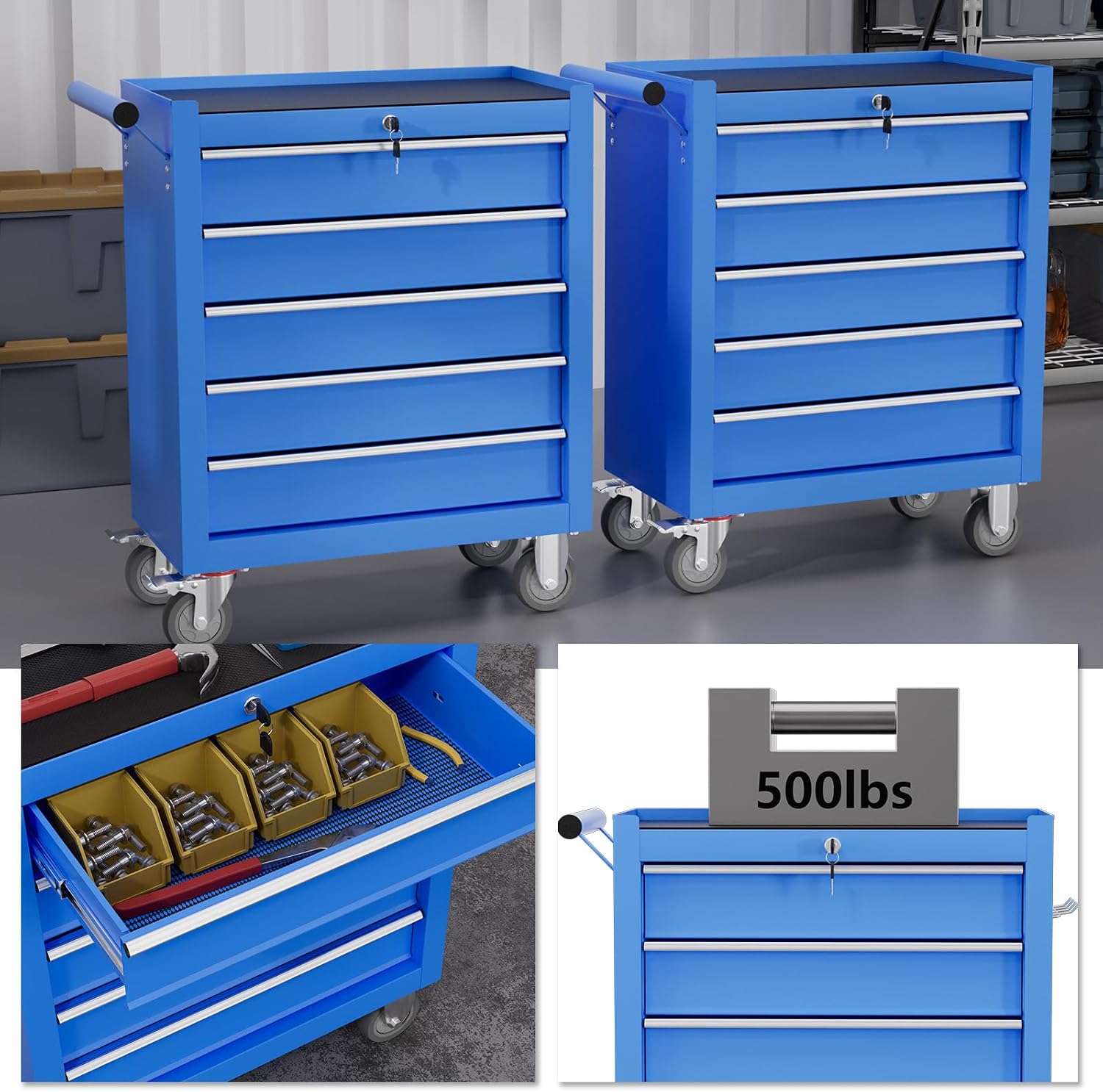 5-Drawer Tool Chest,Rolling Tool Cart with Wheels,High Capacity Tool Cabinet with Locking System for Garage, Warehouse, Workshop-Blue