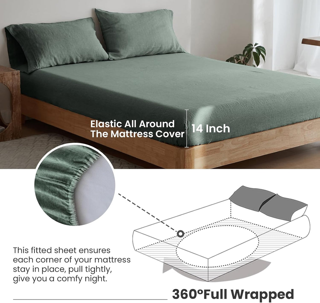 Simple&Opulence 100% Linen Sheet Set 4 Pieces Natural France Flax Bed Sheet (1 Flat Sheet, 1 Fitted Sheet, 2 Pillowcases) Breathable Luxury Hotel Bedding - Embroidery Cushing Green, King Size