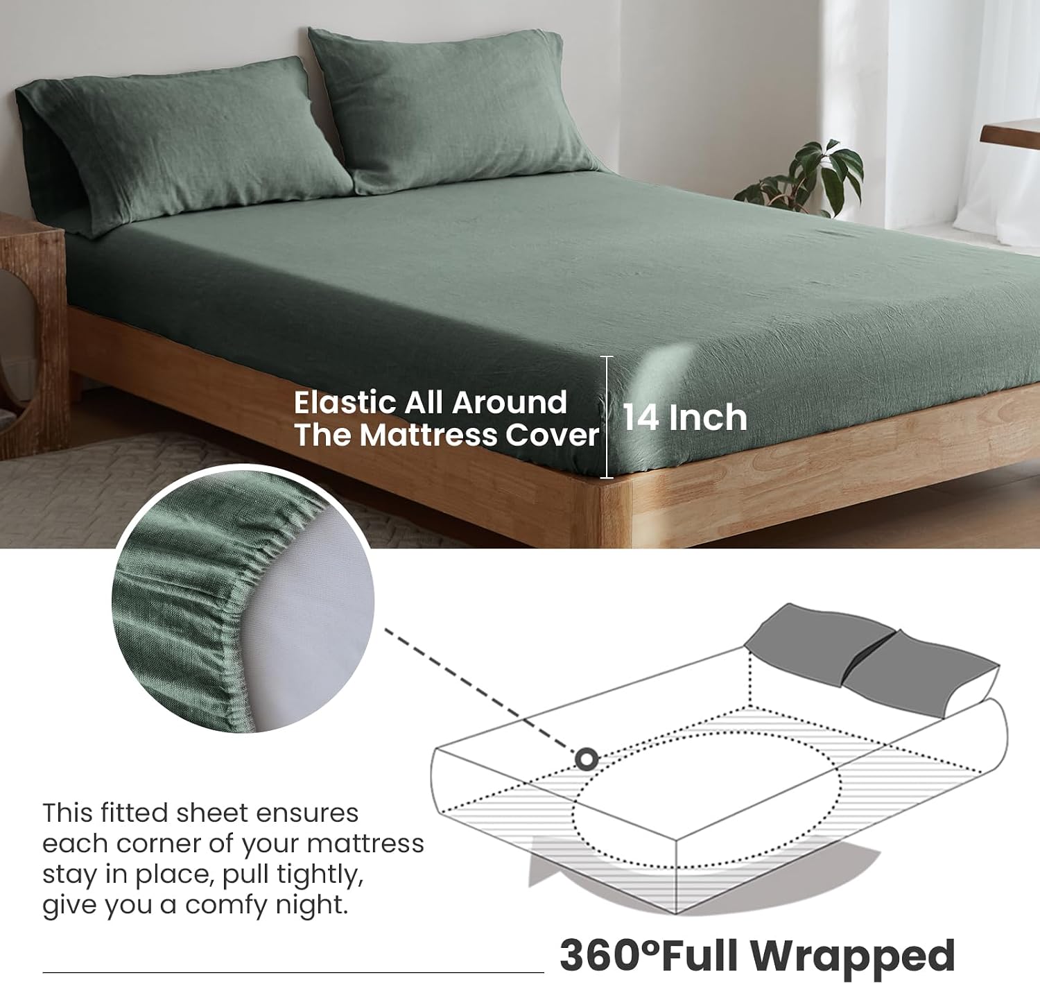 Simple&Opulence 100% Linen Sheet Set 4 Pieces Natural France Flax Bed Sheet (1 Flat Sheet, 1 Fitted Sheet, 2 Pillowcases) Breathable Luxury Hotel Bedding - Embroidery Cushing Green, King Size