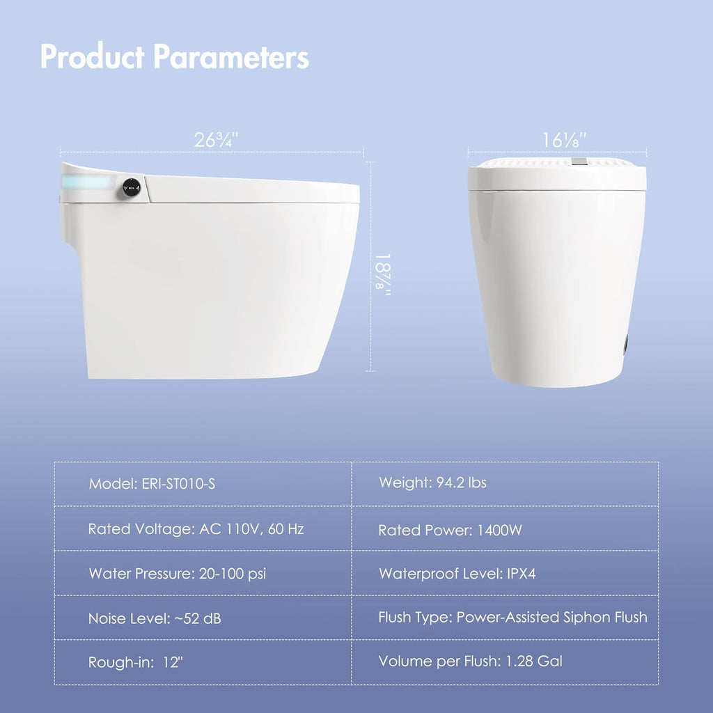 Smart Toilet, Eridanus One Piece Bidet Toilet for Bathrooms, Foot-Sensor, Off-Seat Auto Flush, Adjustable Warm Water Sprayer, Air Dryer, Elongated Heated Seat, Power-Assisted Flush
