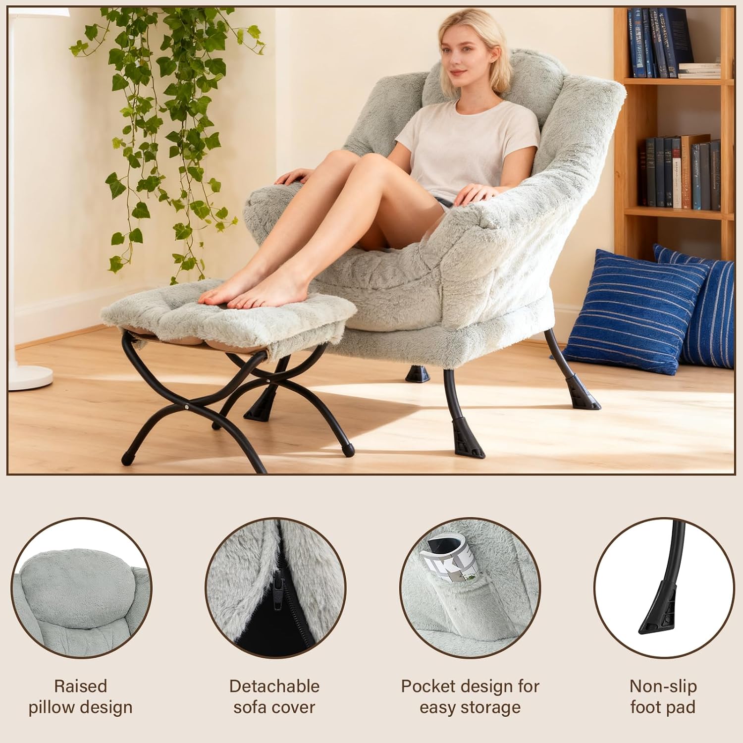 Welnow Lazy Chair with Ottoman, Modern Accent Chair with Armrests and a Side Pocket, Leisure Sofa Armchair, Reading Armchair with Footrest for Small Space, Plush Green