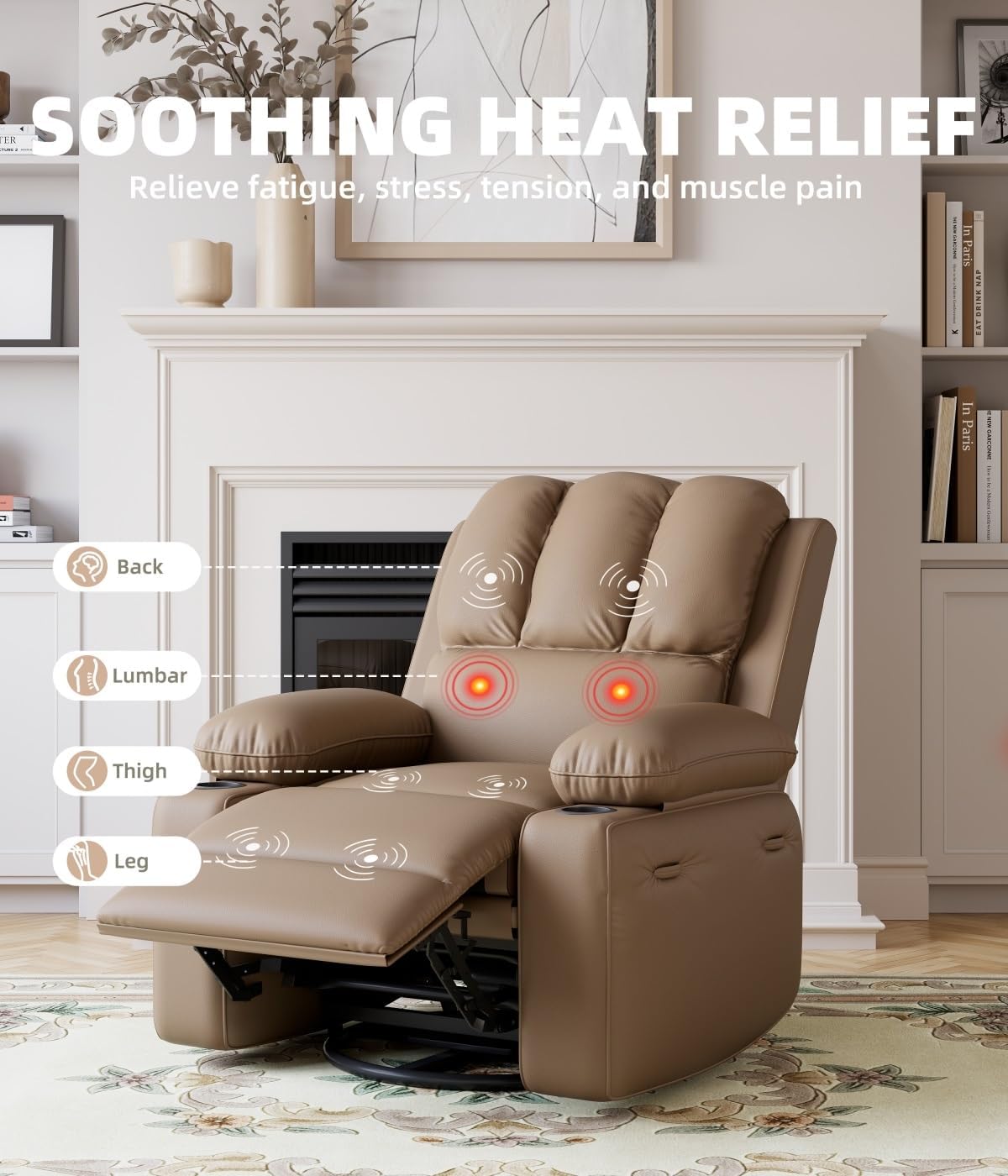 Oversized Recliner Chairs with Massage and Heat, Leather Recliner Chair for Adults, Manual Chair with Cup Holder for Living Room, Bedroom and Nursery (Tan-1)