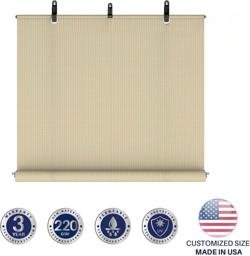 Windscreen4less Outdoor Shade Blinds Patio Roll Up Blackout Shades Exterior Roller Privacy Screen for Pergola Balcony Porch Carport Deck Window, 8' W x 10' L Beige