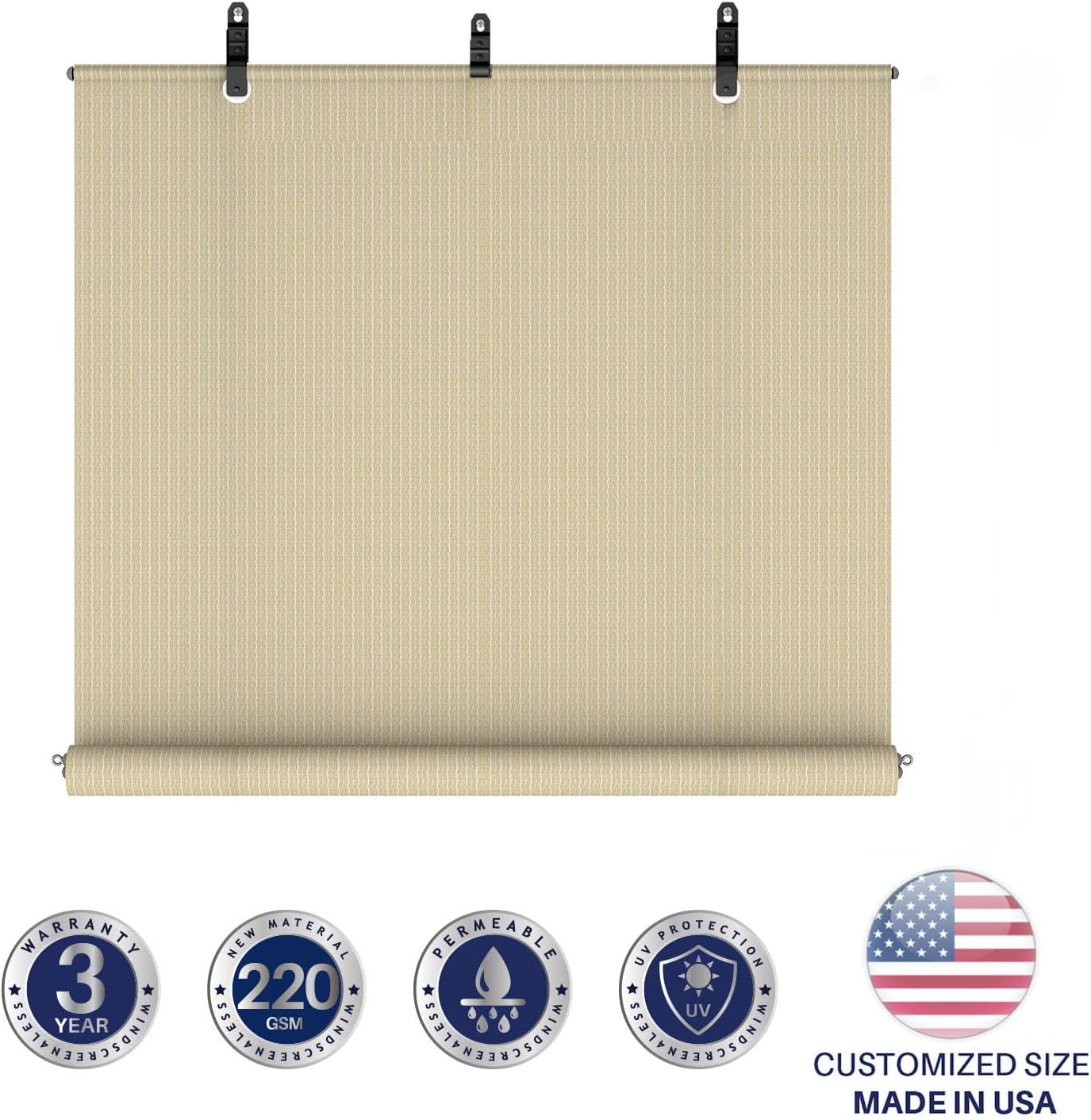Windscreen4less Outdoor Shade Blinds Patio Roll Up Blackout Shades Exterior Roller Privacy Screen for Pergola Balcony Porch Carport Deck Window, 8' W x 10' L Beige