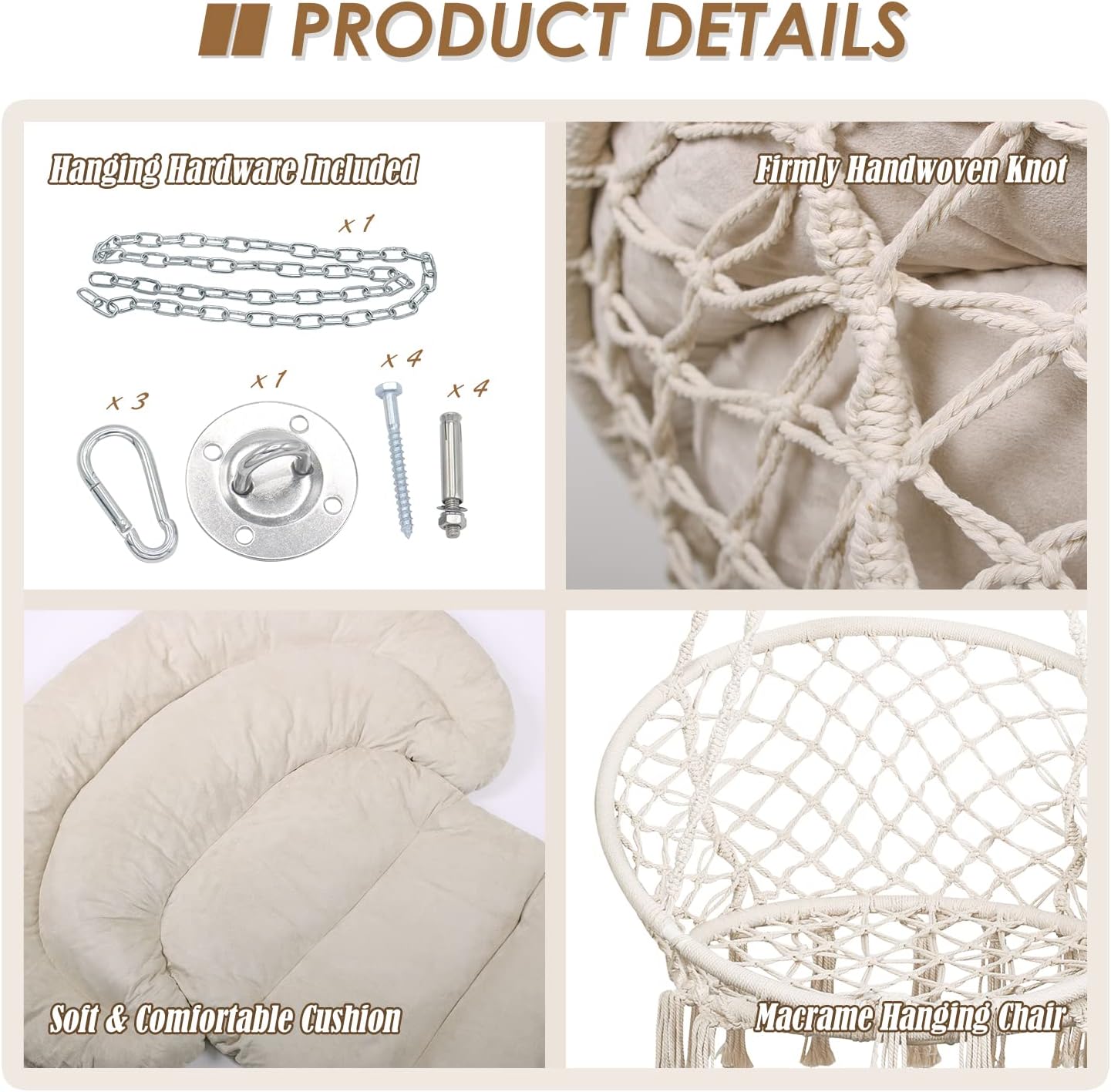 Hammock Chair with Cushion and S Hooks, Handmade Macrame Swing Chair with Hanging Hardware Kits, Bohemian Style Cotton Rope Hanging Chair for Bedroom Indoor Outdoor