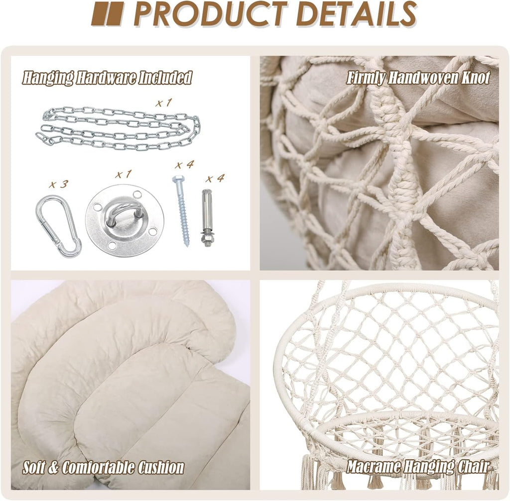 Hammock Chair with Cushion and Hanger Set, Handmade Macrame Swing Chair with Hanging Hardware Kits, Bohemian Style Cotton Rope Hanging Chair for Bedroom Indoor Outdoor, Beige