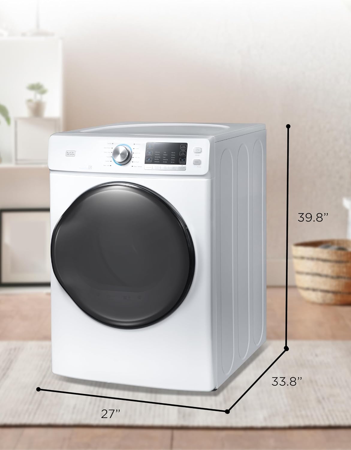 BLACK+DECKER 8.0 Cu. Ft. Electric Front Load Dryer with Steam, Clothes Dryer with LED Display, 12 Cycle Selections, ENERGY STAR, 240V Machine Requires Professional Installation, BFLD80ME, White