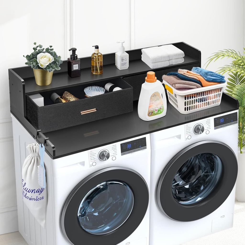 VEVOR 2 Drawers Washer Dryer Countertop with Shelf, 54' x 27' Wooden Laundry Countertop with 2 Hooks & Non-Slip Pads, Washer and Dryer Covers for The Top, Laundry Room Organization and Storage, Black