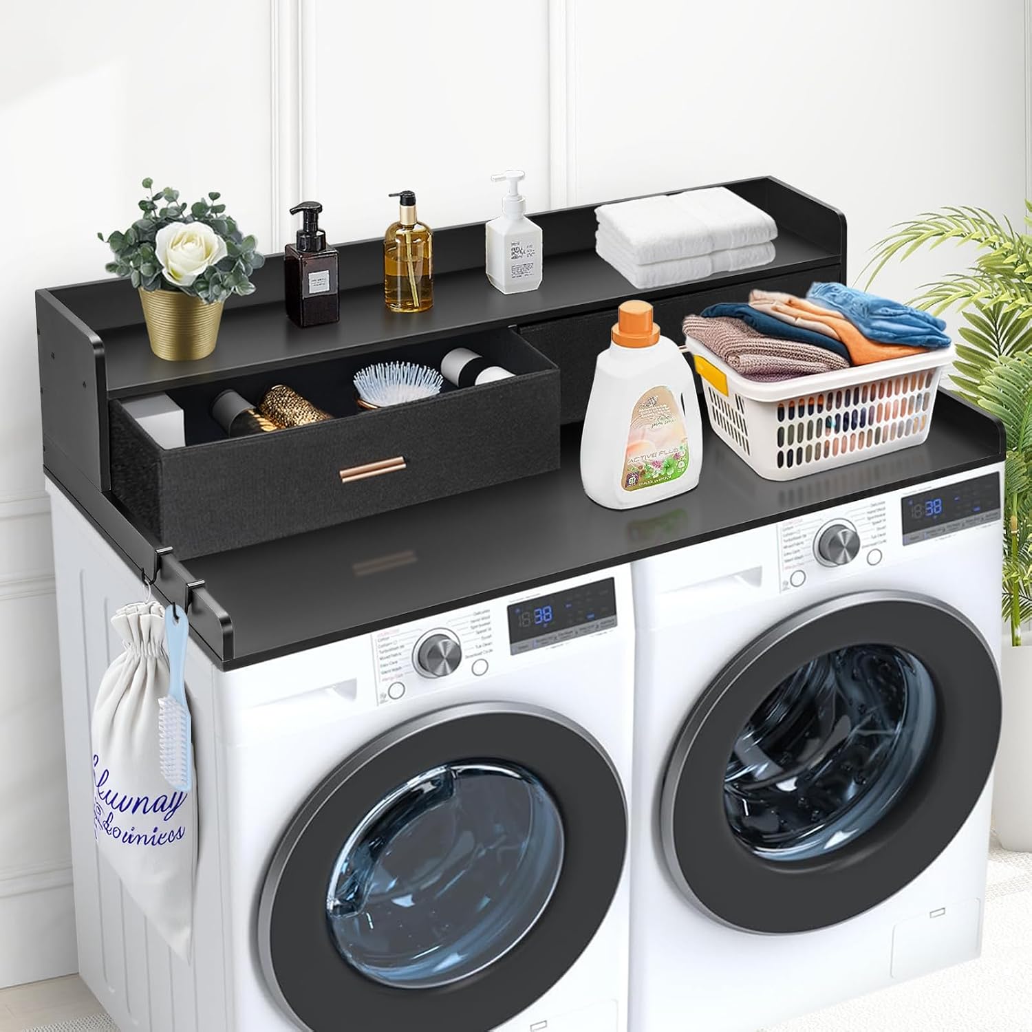 VEVOR 2 Drawers Washer Dryer Countertop with Shelf, 54' x 27' Wooden Laundry Countertop with 2 Hooks & Non-Slip Pads, Washer and Dryer Covers for The Top, Laundry Room Organization and Storage, Black