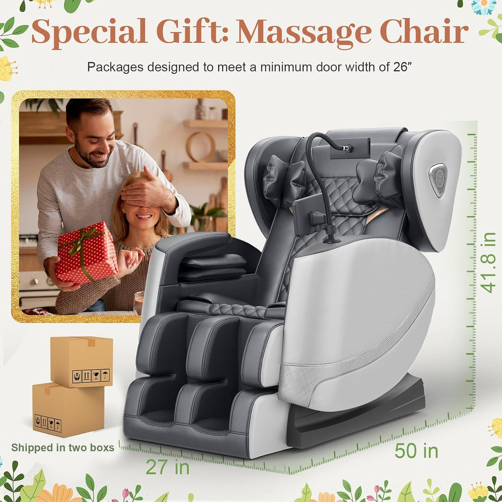 FURNIMAT 2026 Massage Chair Full Body, Zero Gravity Massage Chair with 10 Fix Rollers, Airbags, Heating, Foot Massage, Auto Modes, Bluetooth Speaker, Smart Screen Controller(Light Gray)