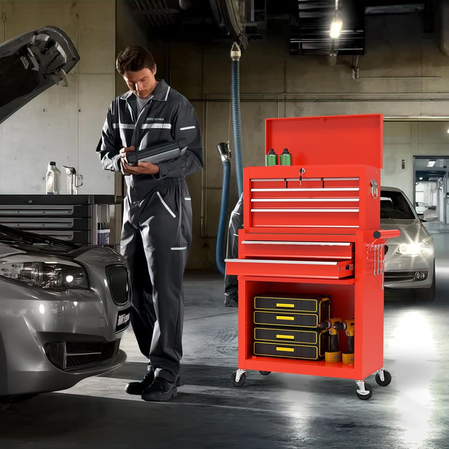 On Shine 8 Drawer Rolling Tool Chest, Large Capacity Rolling Tool Box with Wheels, Locking Mechanical Tool Chest, Portable Tool Box with Sliding Drawers,Metal Tool Box for Garage Workshop (Red)