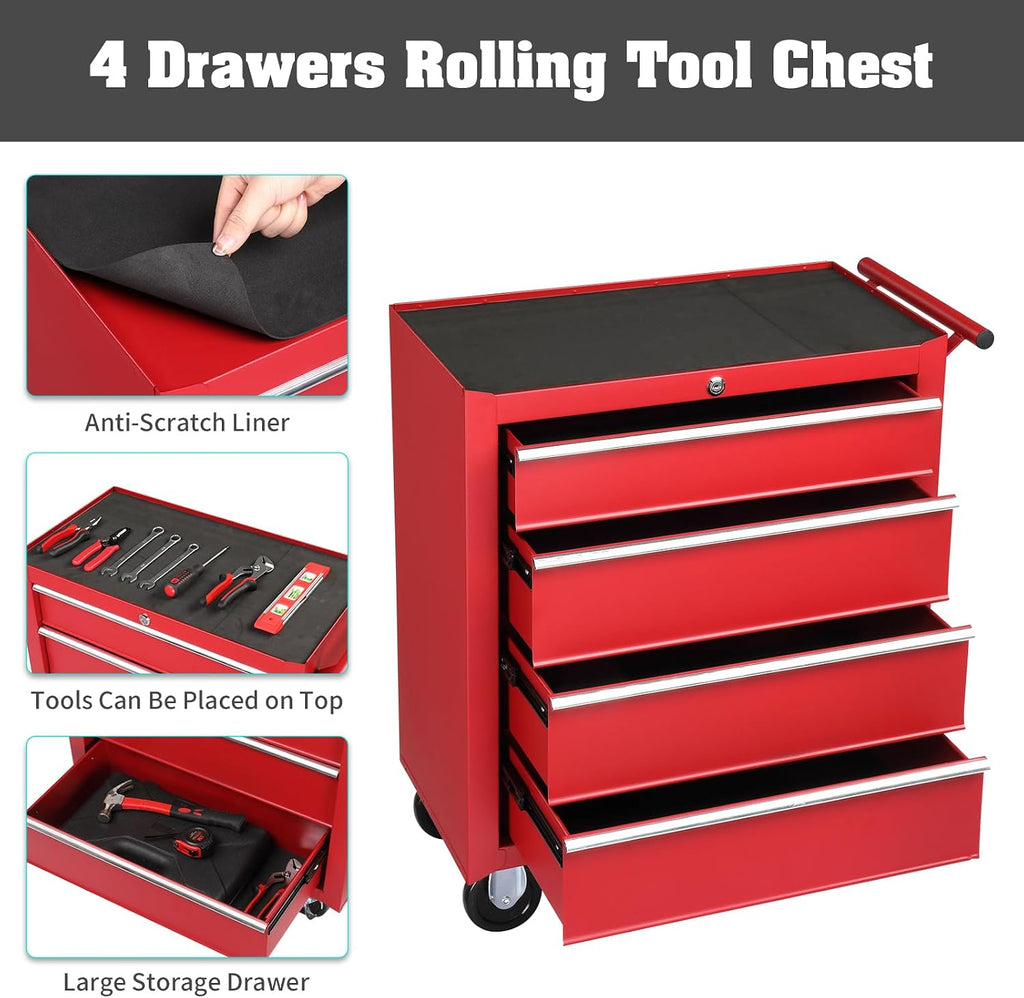 Vasitelan Tool Chest, 4 Drawers Rolling Tool Chest with Wheels, Portable Rolling Tool Box on Wheels, Tool Chest Organizer for Garage, Workshop, Home Crafts Use (Red)