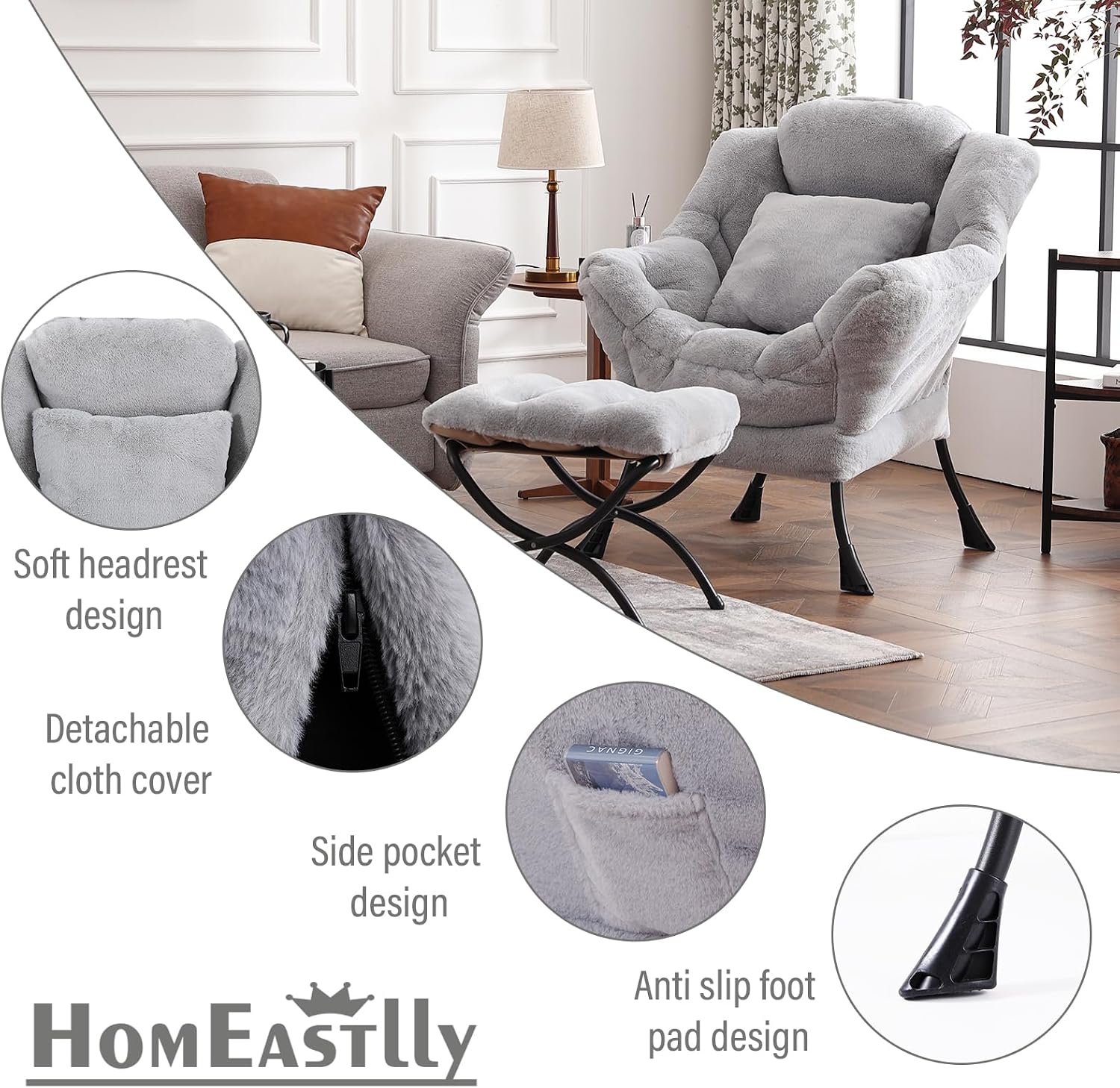 Lazy Chair with Ottoman, Large White Gray Lounge Accent Chair with Ottoman and FA Throw Pillow, Comfy Plush Reading Chair for Living Room Bedroom Dorm Room Office Apartment Relaxing Use
