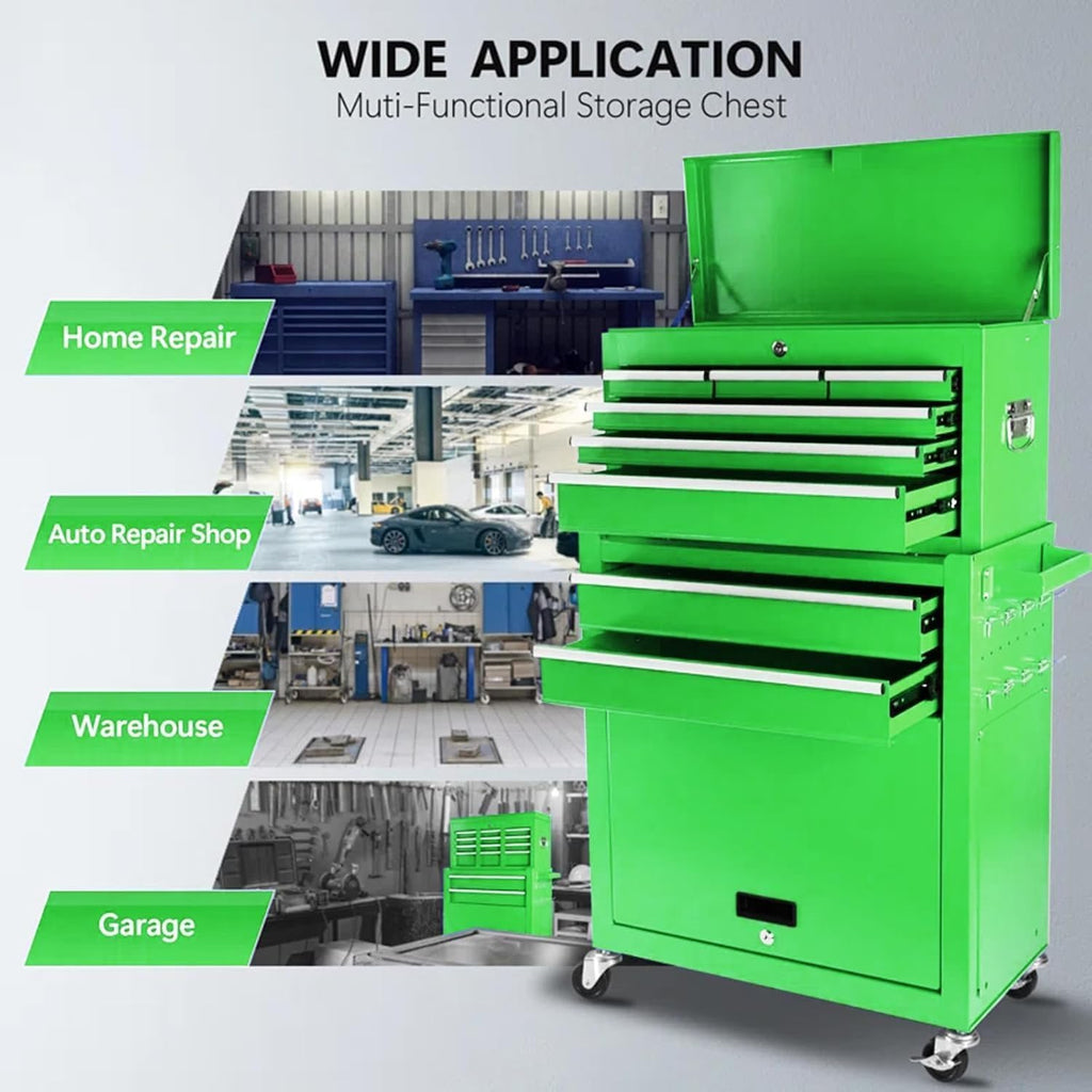 8 Drawers Rolling Tool Chest, 2-in-1 Detachable Metal Tool Storage Cabinet with Wheels, Lockable Tool Cart with Hooks for Garage, Workshop or Salon Use, Green