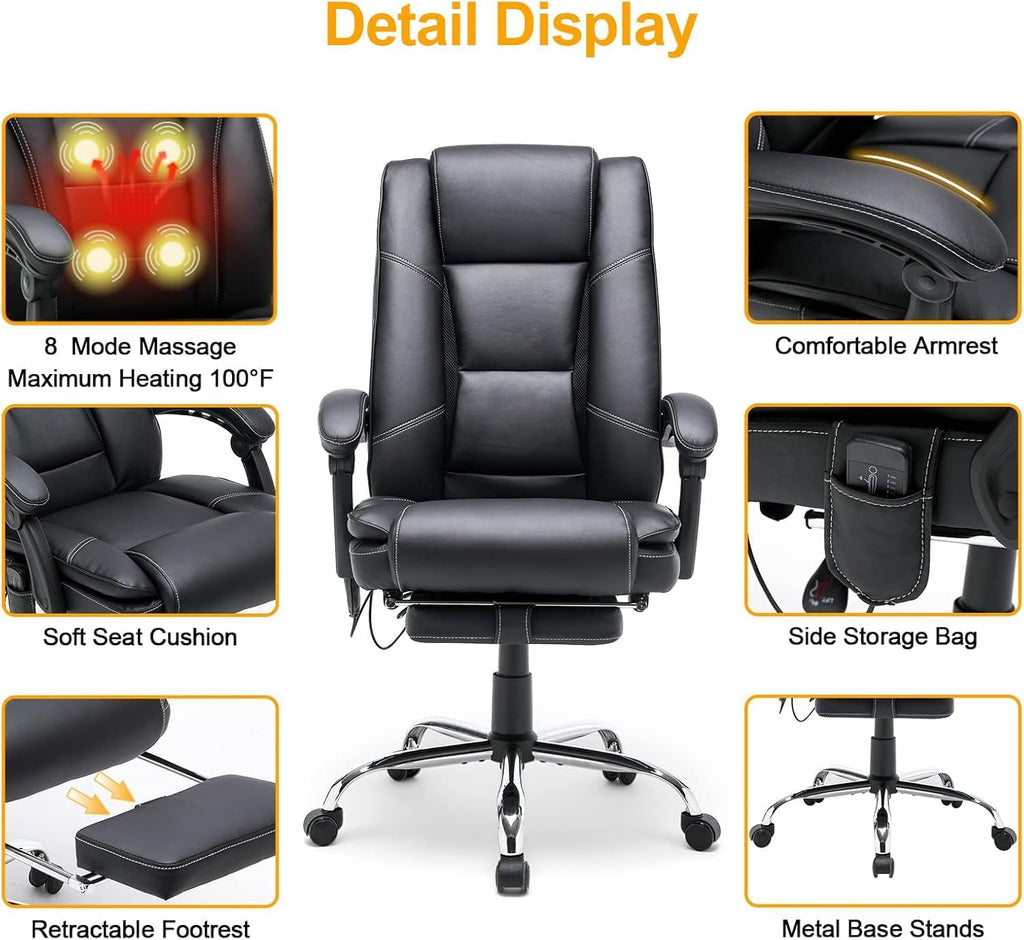 HOMREST 4-Point Massage Executive Office Chair with Footrest,Heated Reclining Chair with Lumbar Back Support,Ergonomic Desk Chair with Armrest, Computer Desk Chair for Home Office(Black)