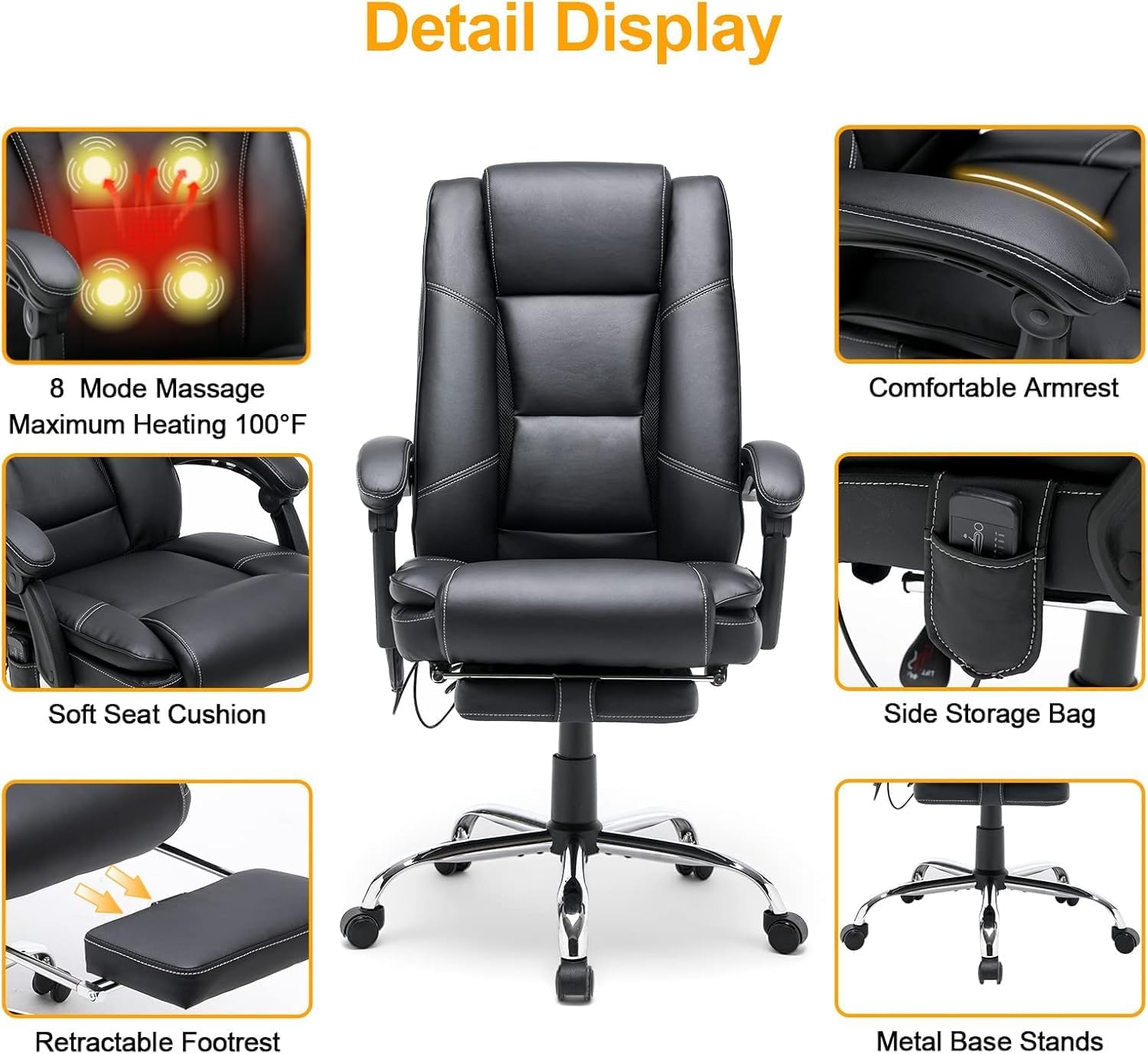 HOMREST 4-Point Massage Executive Office Chair with Footrest,Heated Reclining Chair with Lumbar Back Support,Ergonomic Desk Chair with Armrest, Computer Desk Chair for Home Office(Black)
