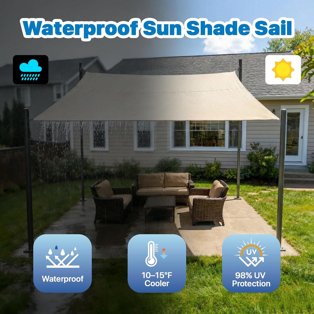 Royal Shade 12' x 20' Beige Rectangle Waterproof Sun Shade Sail Order to Make Canopy Awning, UPF50+ 95% UV Blockage Water Resistant, Outdoor Backyard Patio Garden Carport (We Customize)