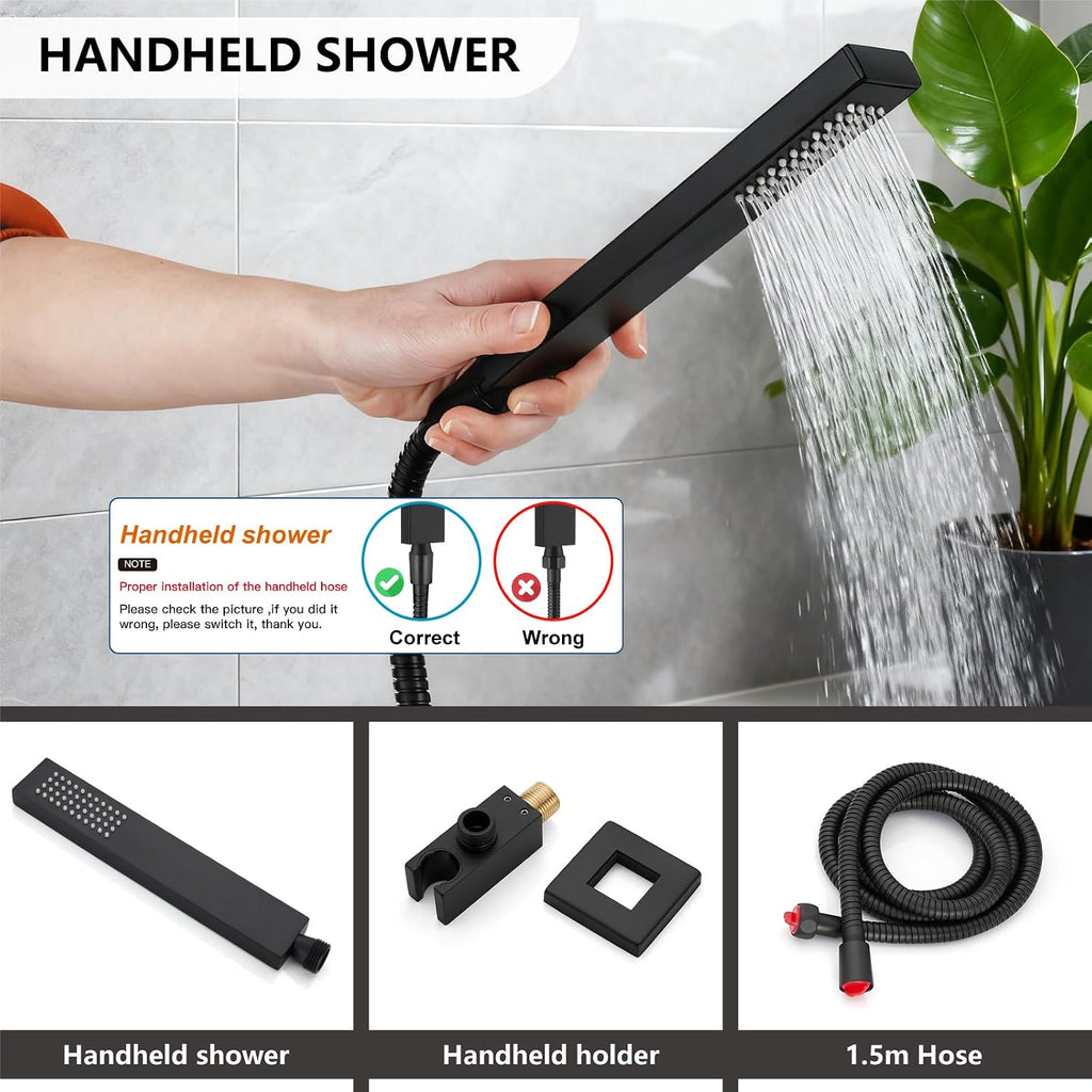 Midanya Shower System with Tub Spout,Bathtub Shower Faucet Set with Square Rainfall Head and Handheld Sprayer Wall Mount Tub Faucet Set with Valve and Trim Kit,12 Inch Matte Black
