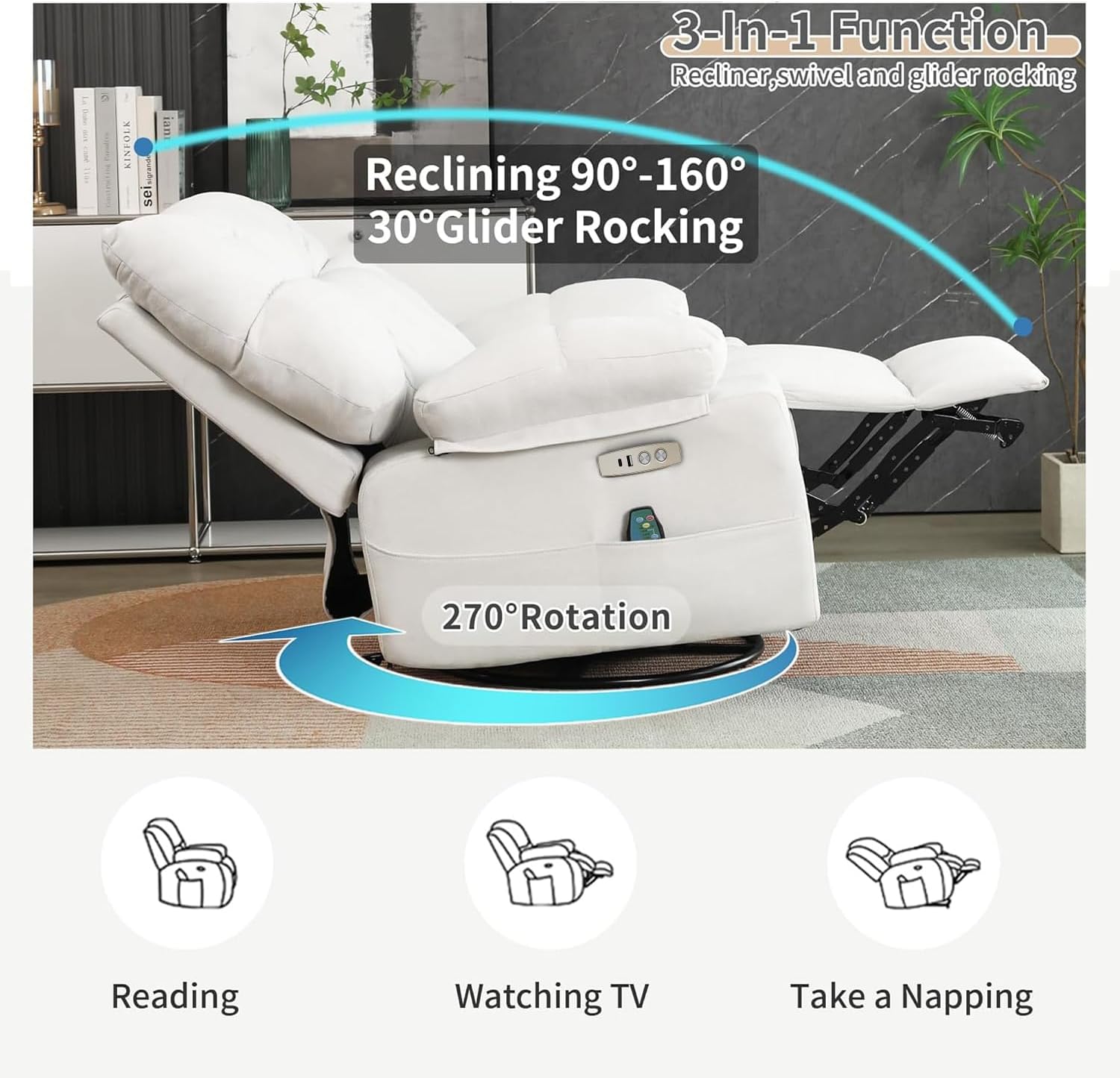 Power Swivel Rocker Recliner Chair Oversized for Adults, Electric Heated & Massage Chair Recliner with USB/Type-C, Fabric Nursery Recliner for Living Room,Bedroom, White