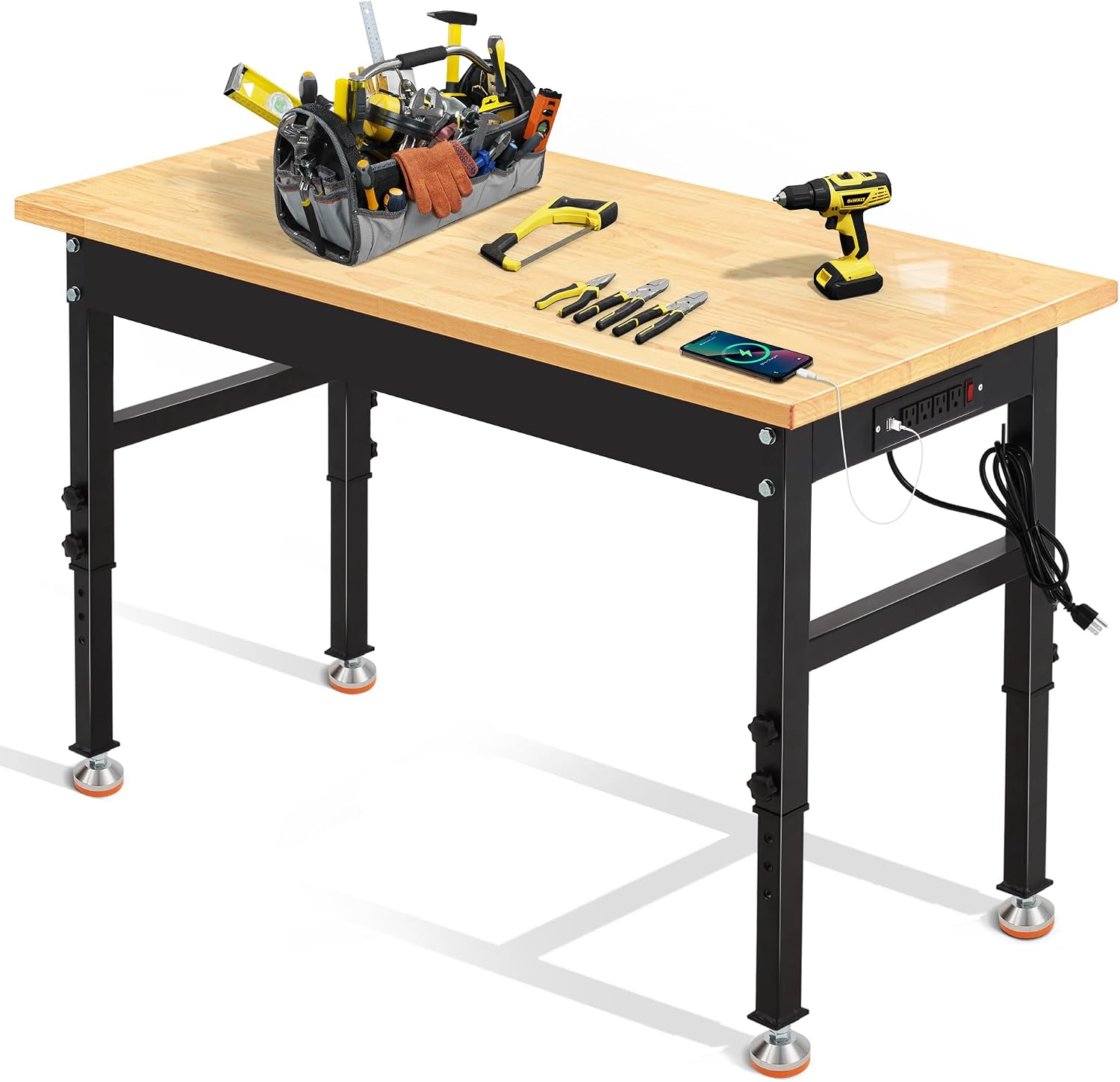 48 * 20'' Adjustable Workbench, 2000 LBS Load Capacity Heavy Duty Workstation with Power Outlets, Rubber Wood Top Worktable for Garage, Office,Workshop, Commercial