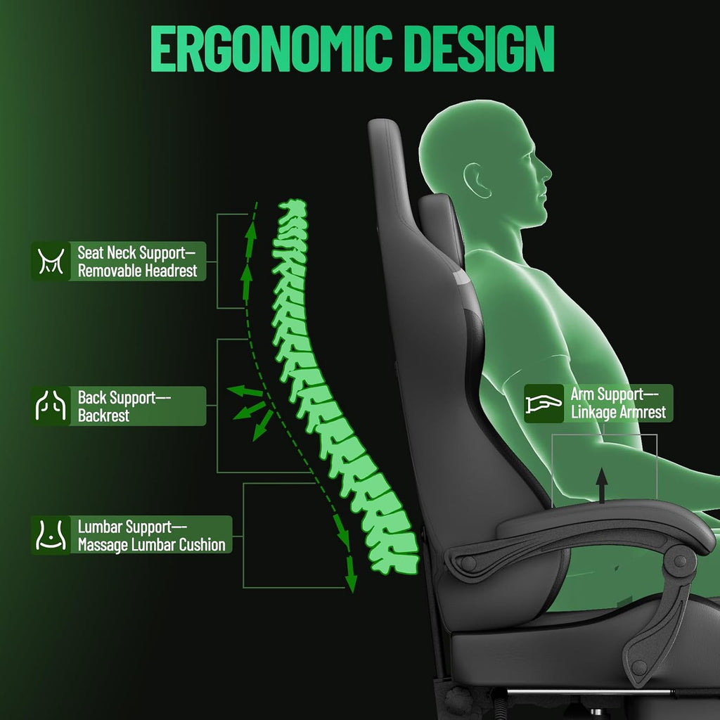 Ferghana Gaming Chair, PU Leather Ergonomic Computer Chair with Massage Lumbar Support, High Back Office Game Chair with Footrest and Linkage Armrest for Adult, Grey/Black/Green