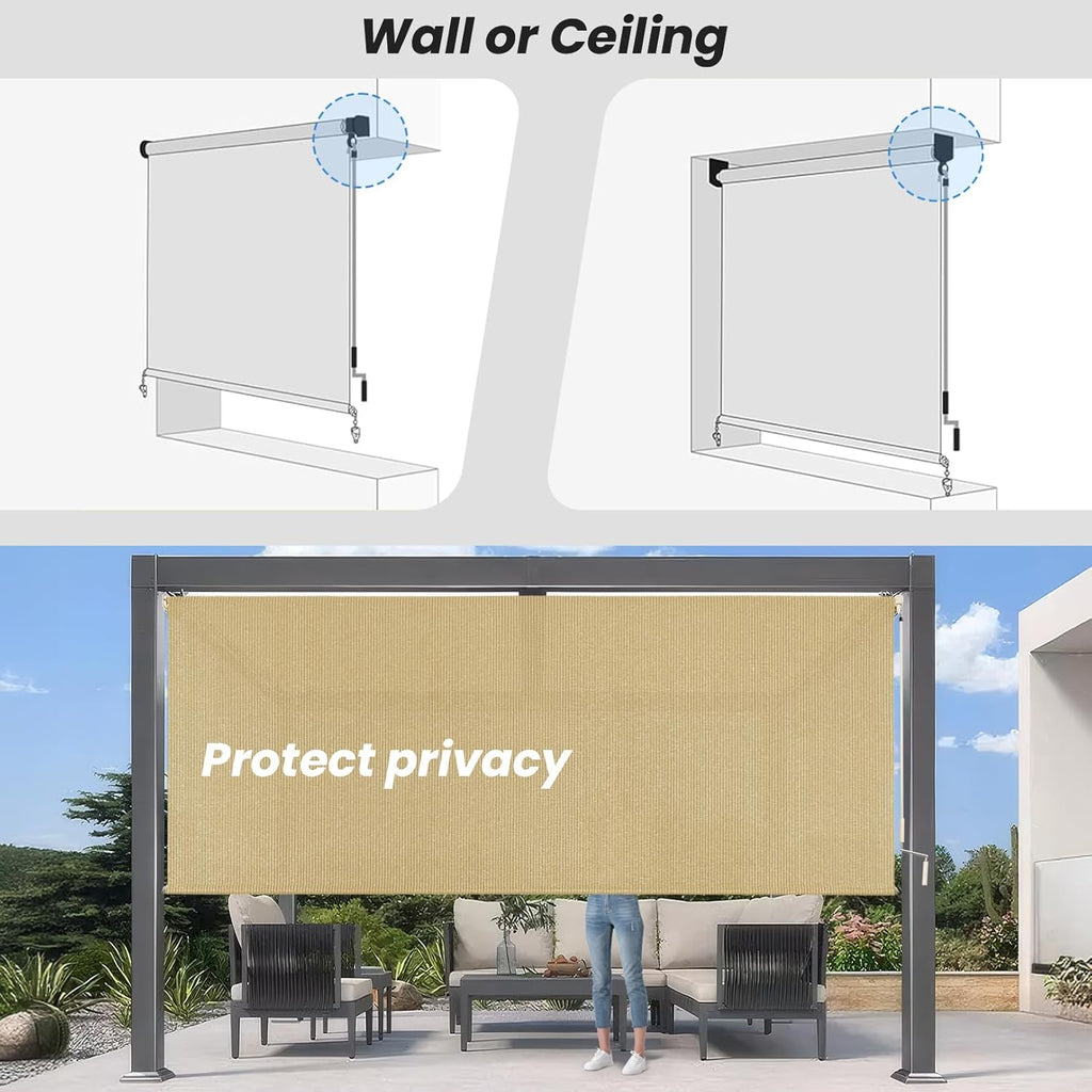 10'W x 8'H Sesame Outdoor Roller Shade with Crank Wand Patio Shades Roll up, Privacy Protection & UV Blocking for Pergola | Gazebo