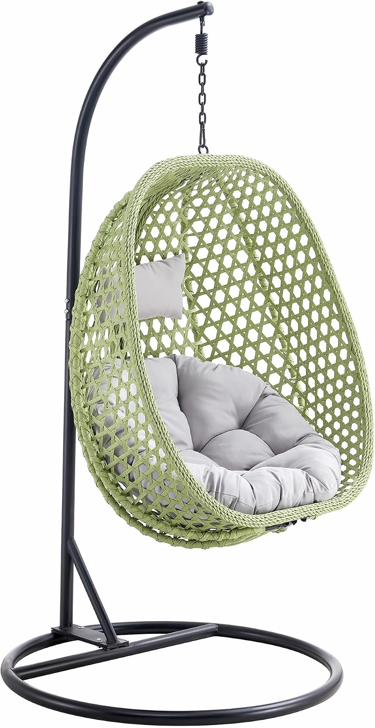 Egg Swing Chair with Stand,Swing Egg Chair with Stand, Green Rattan Hanging Egg with Soft Cushion, Outdoor Hanging with Foldable Basket and Metal Stand for Bedroom Patio