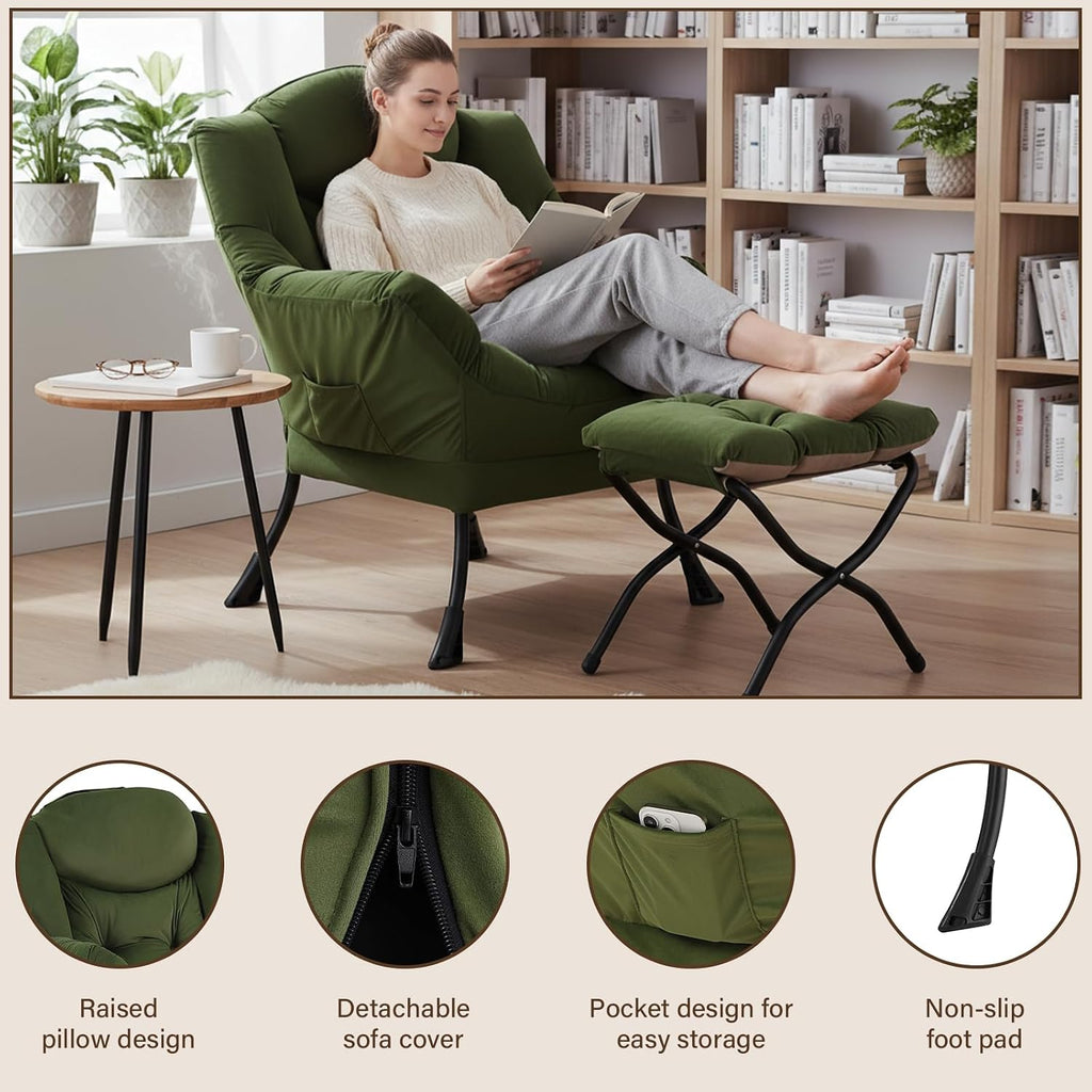 Welnow Lazy Chair with Ottoman, Modern Reading Accent Chair with Armrests and a Side Pocket, Leisure Upholstered Lazy Sofa Set with Footrest for Small Space, Army Green