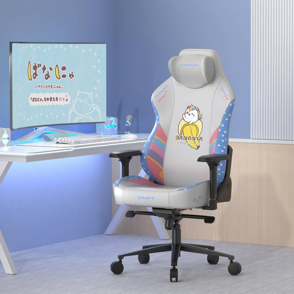 DXRacer Craft XL Video Gaming Chair for Adults, Ergonomic Office Reclining Computer Gamer Chair with Magnetic Head Pillow and Lumbar Support (EPU Leatherette, Bananya Cat)