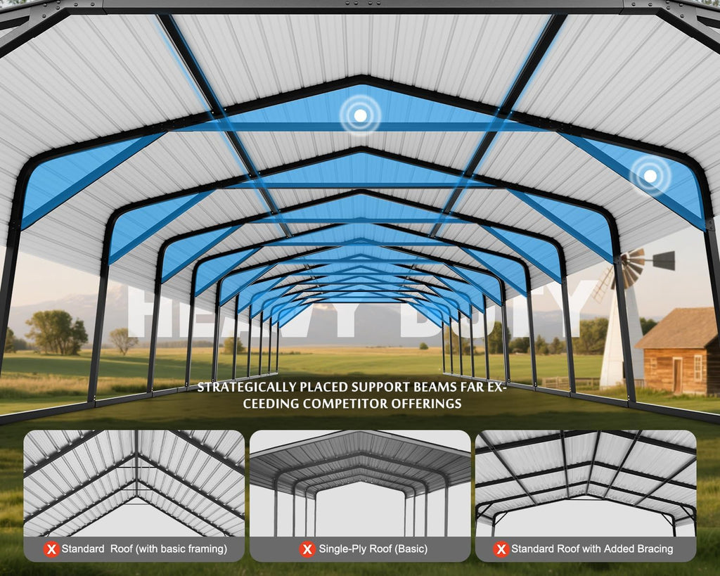 20x52 FT Ultra-Long Industrial Carport Kit, All-Weather Steel Garage for Class A RVs,Farm Equipment, 120lbs/Sq.Ft Snow Wind Resistant Carports Modular Canopy with Anti-Snow Roof Auger Anchoring System