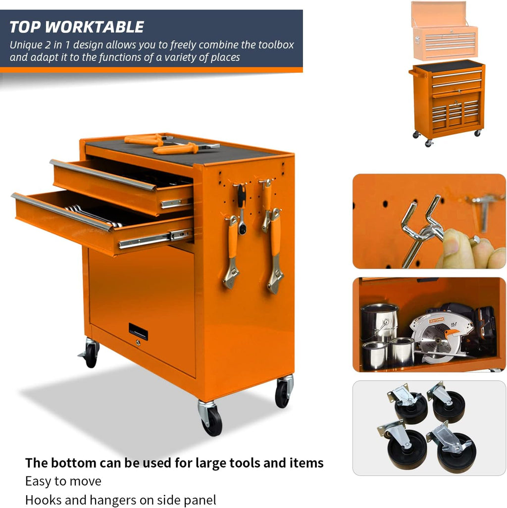 8-Drawer High Capacity Tool Chest, Rolling Tool Box with Lock, Tool Box on 4 Wheels with Sliding Drawers, Tool Storage Cabinet Removable Portable Box for Garage Warehouse New(Orange)
